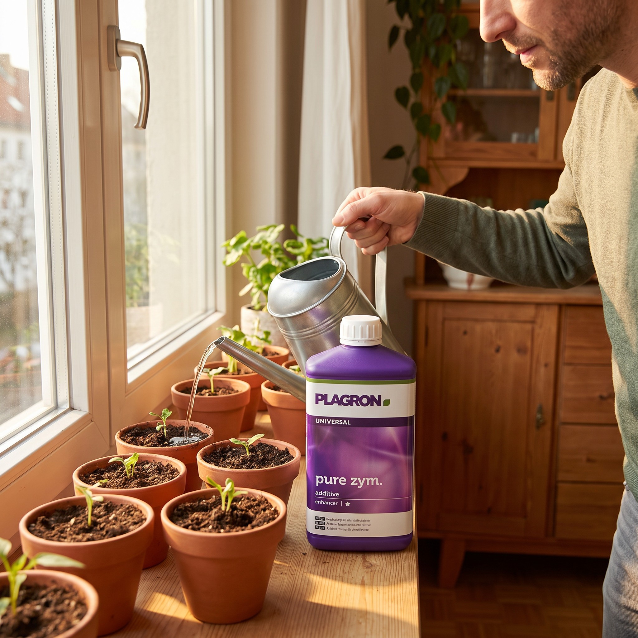Plagron Pure Zym – Plagron Pure Zym auf der Fensterbank neben Setzlingen beim Gießen