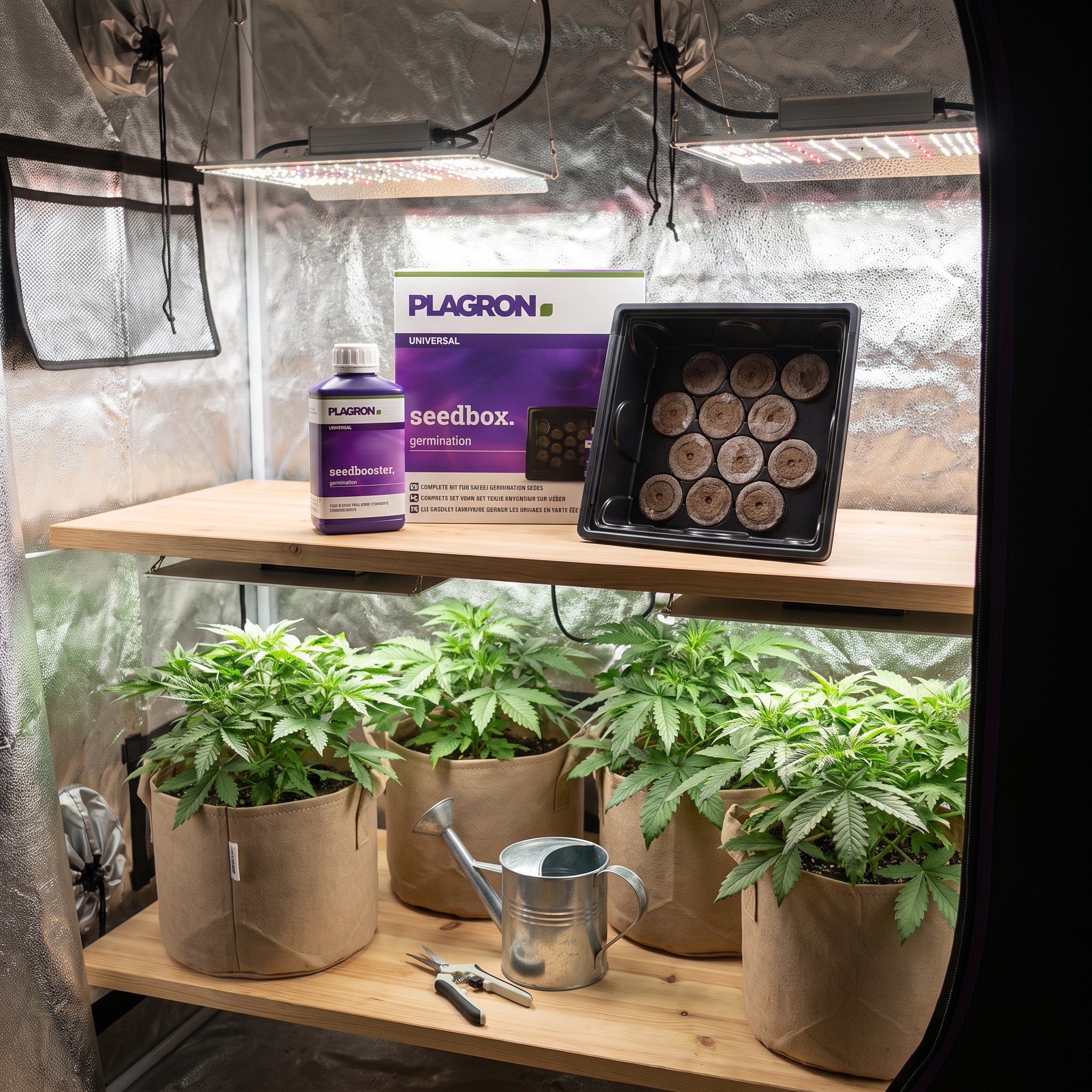 Plagron Seedbox Komplettset zur Keimung – Plagron Seedbox Komplettset steht im aufgeräumten Homegrow-Zelt