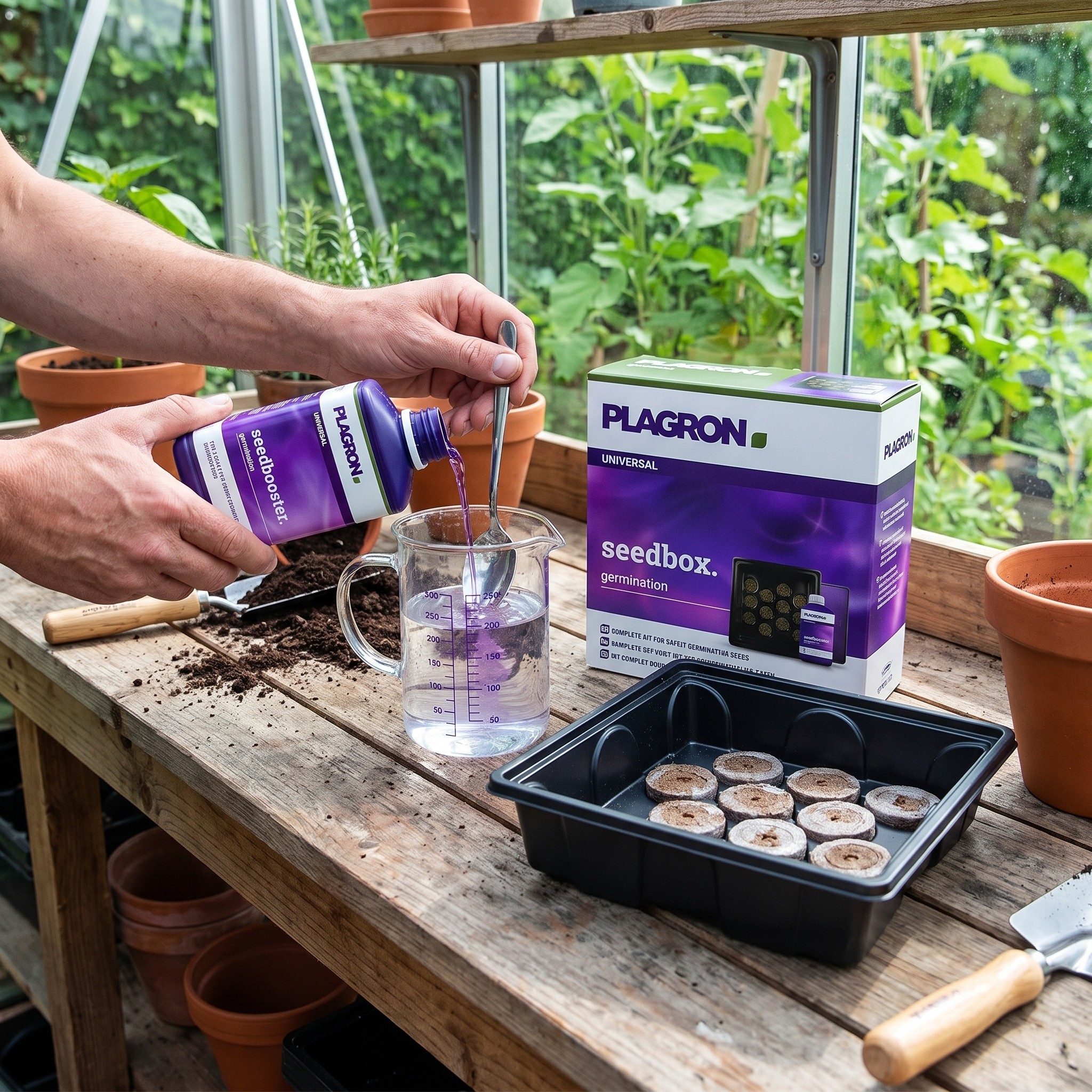 Plagron Seedbox Komplettset zur Keimung – Erwachsener mischt Plagron Seedbooster am Pflanztisch an
