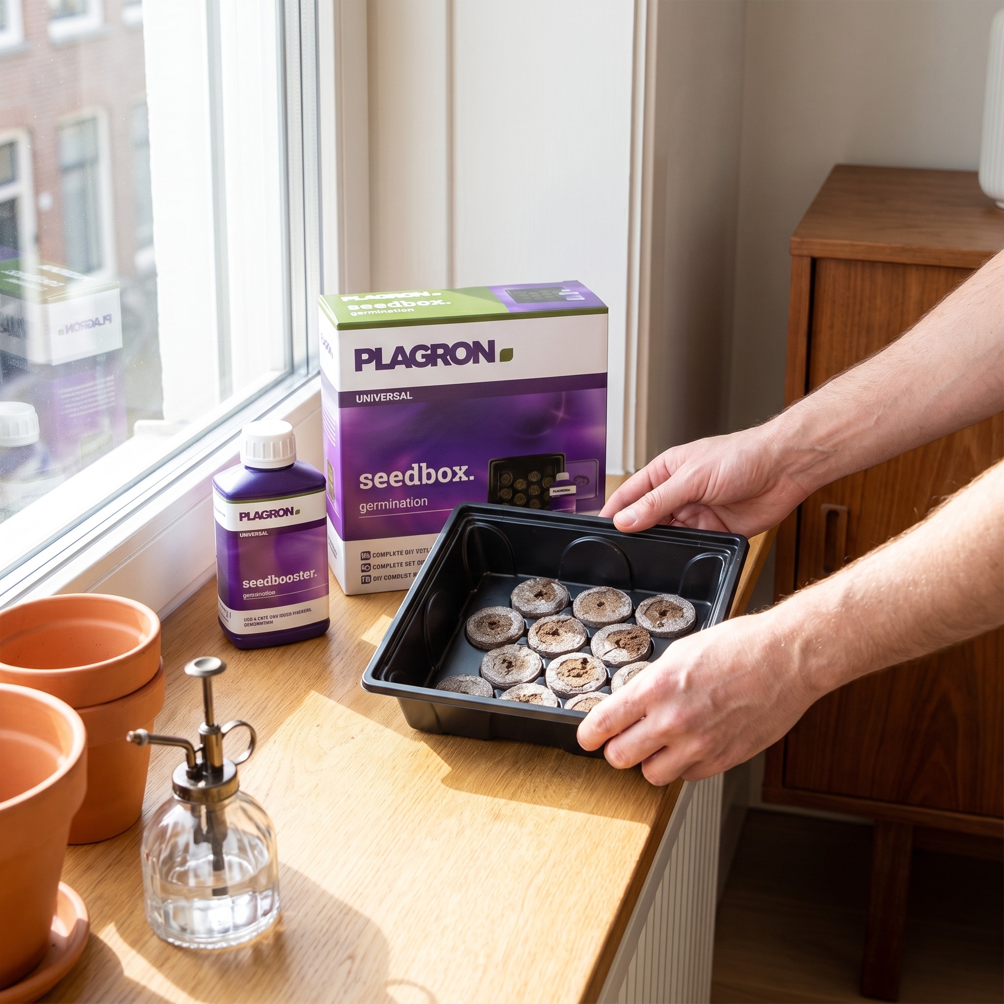 Plagron Seedbox Komplettset zur Keimung – Plagron Seedbox Minigewächshaus wird auf der Fensterbank platziert