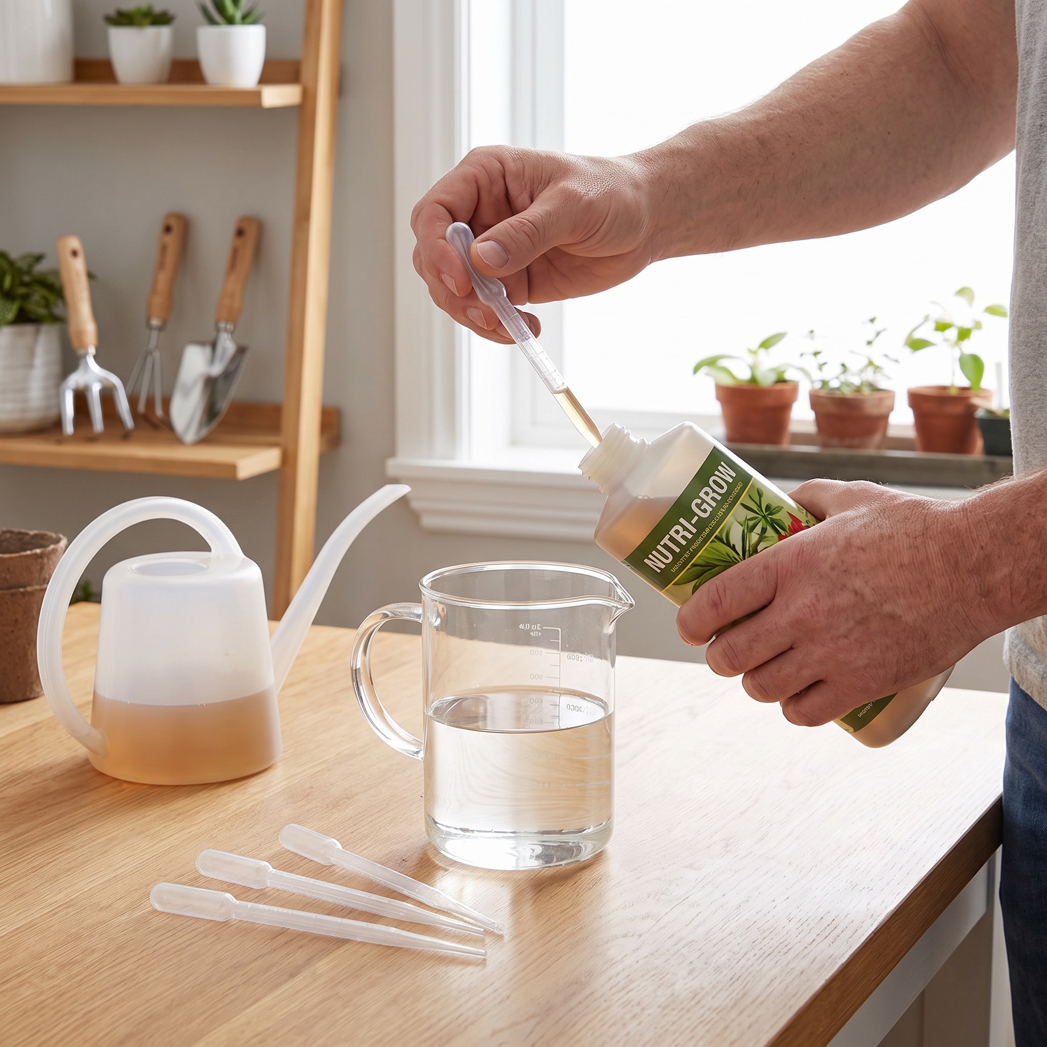Plastikpipette – Erwachsener dosiert Nährlösung mit einer Plastikpipette in einen Mischbecher
