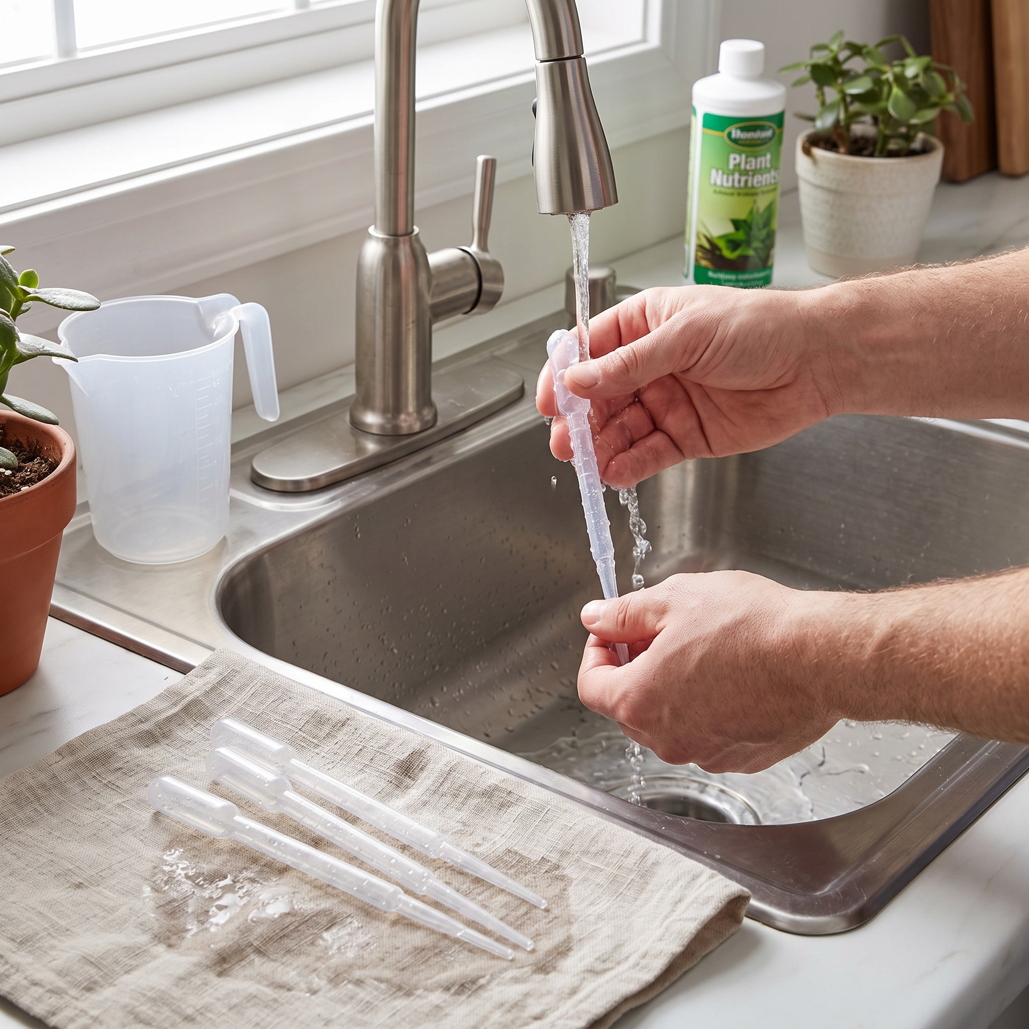 Plastikpipette – Erwachsener spült eine Plastikpipette nach dem Düngen am Spülbecken