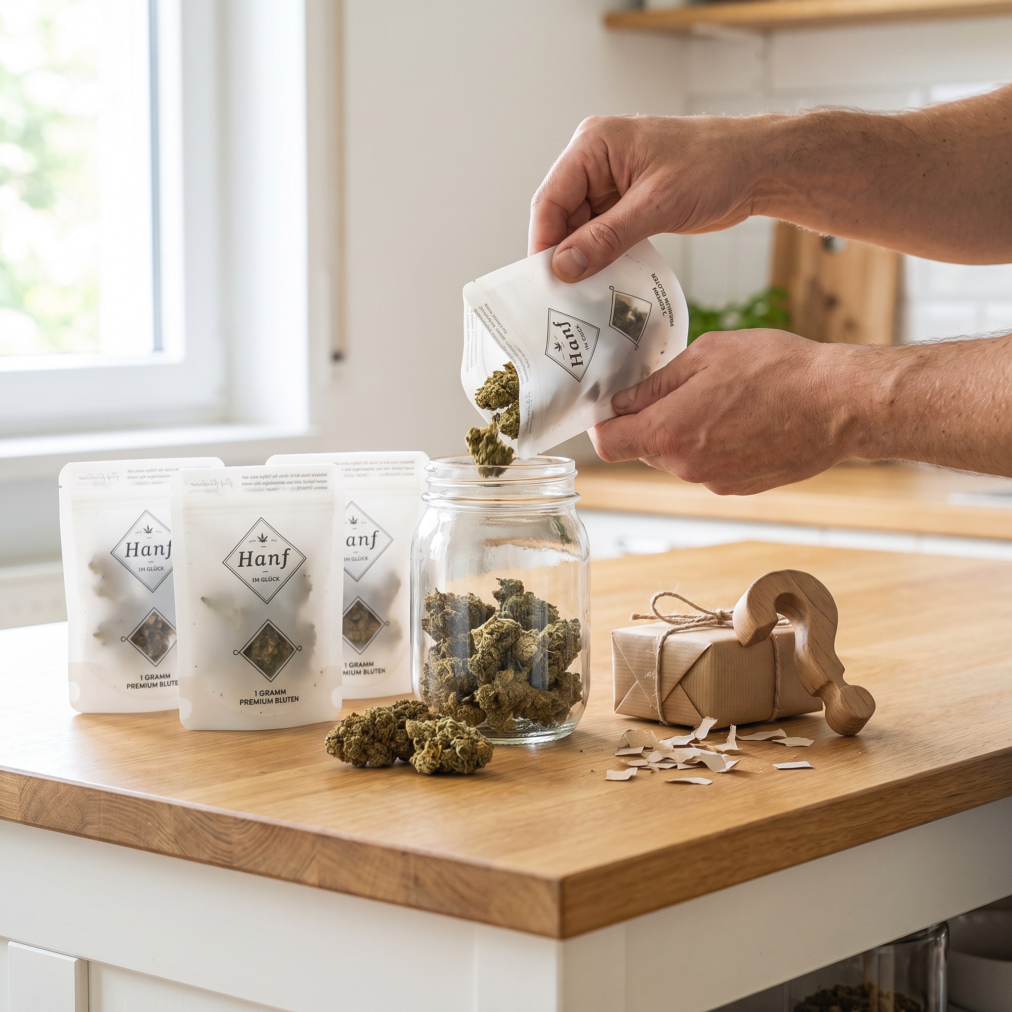 Probierset 4 Beutel Blüten – Blüten-Probierset mit vier Beuteln wird in ein Vorratsglas abgefüllt