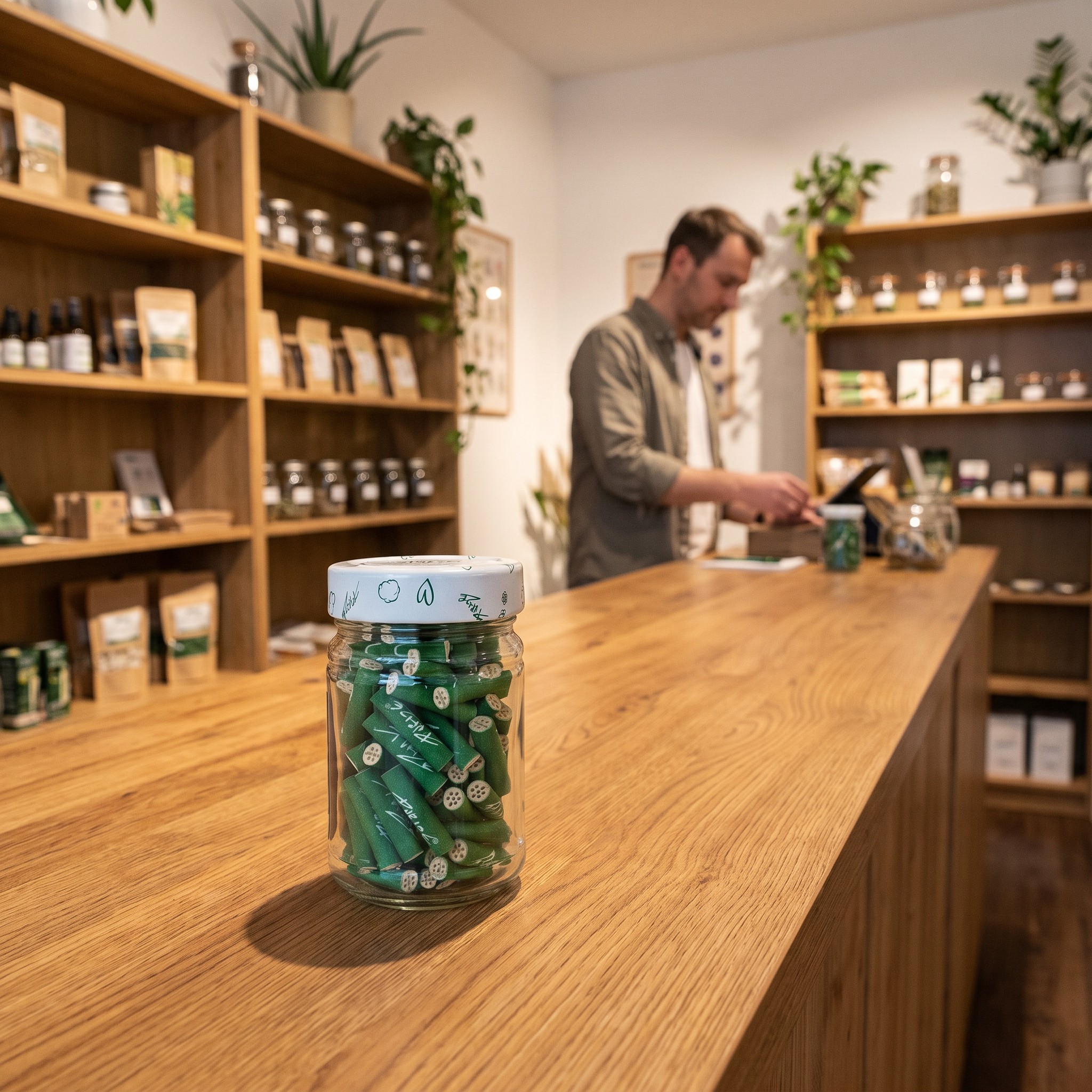 PURIZE Glas XTRA Slim Size – Purize Glas mit Xtra-Slim-Filtern auf der Theke eines Hanf-Fachgeschäfts