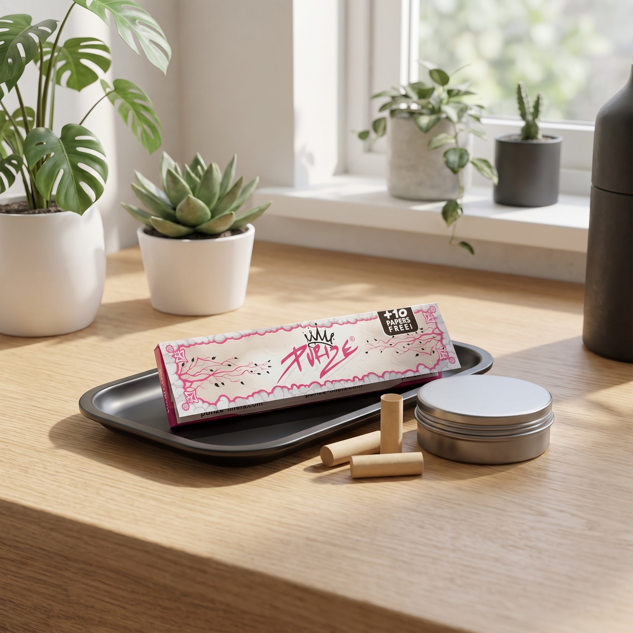 Purize Pink King Size Papers – Purize Pink King Size Papers mit Drehtablett und Filtertips auf einem Schreibtisch
