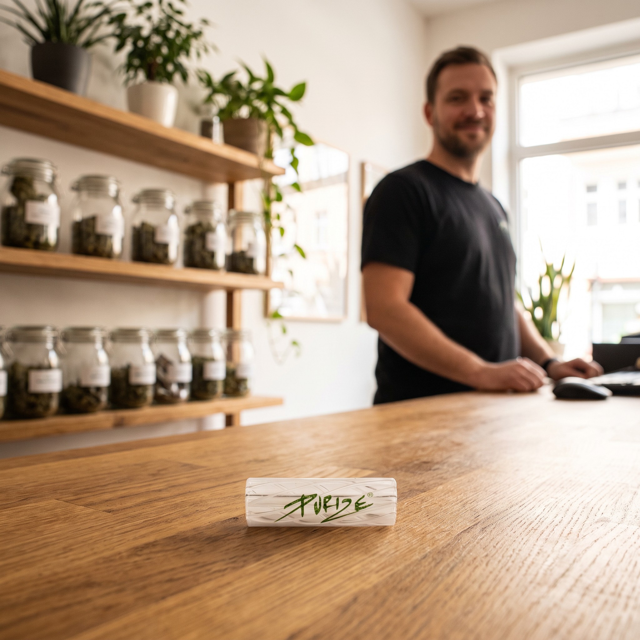 PURIZE Spiral Glasfilter (7 Loch) – PURIZE Spiral-Glasfilter auf der Holztheke eines Hanf-Fachgeschäfts