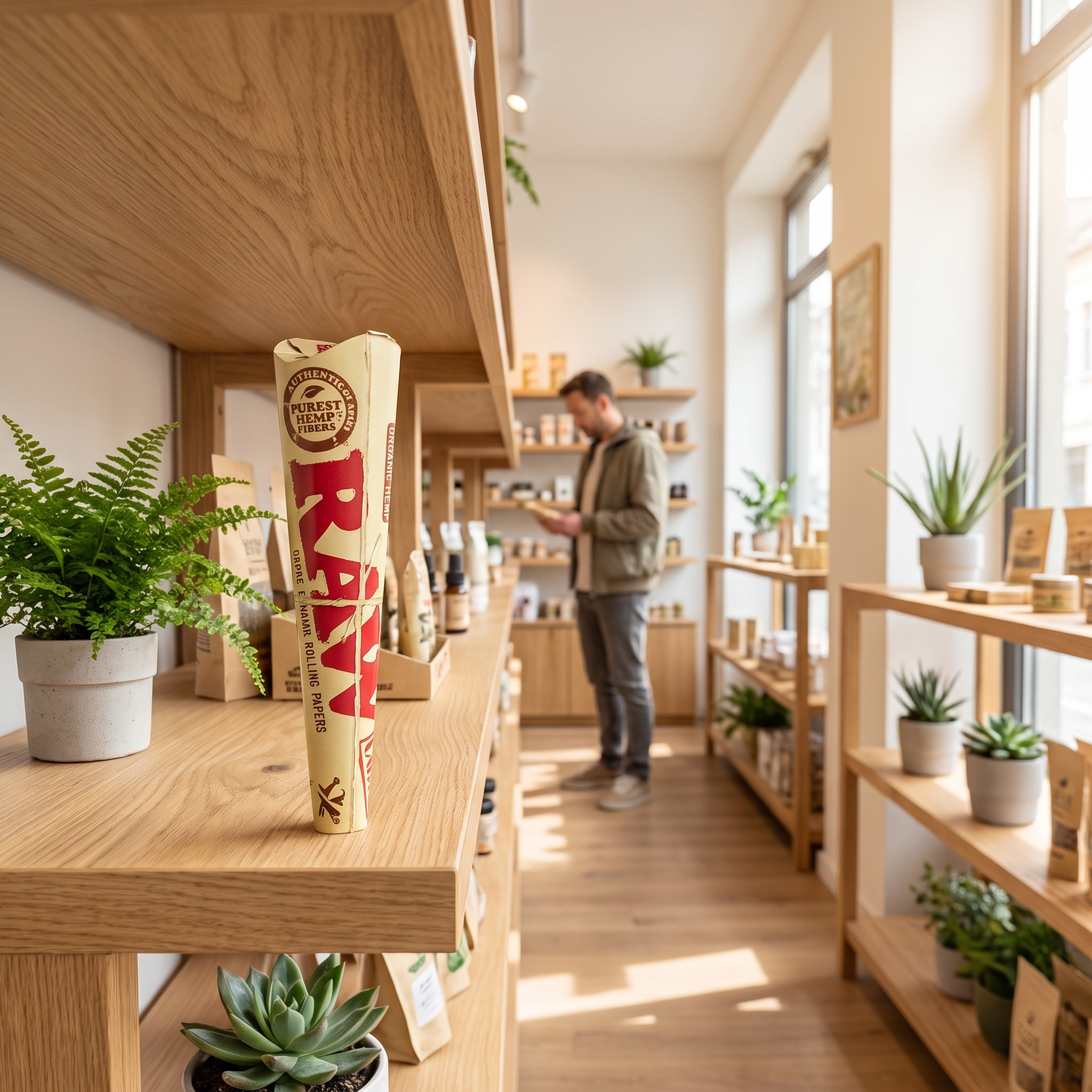 RAW Cones – RAW Cones Packung steht im hellen Holzregal eines Hanf-Fachgeschäfts