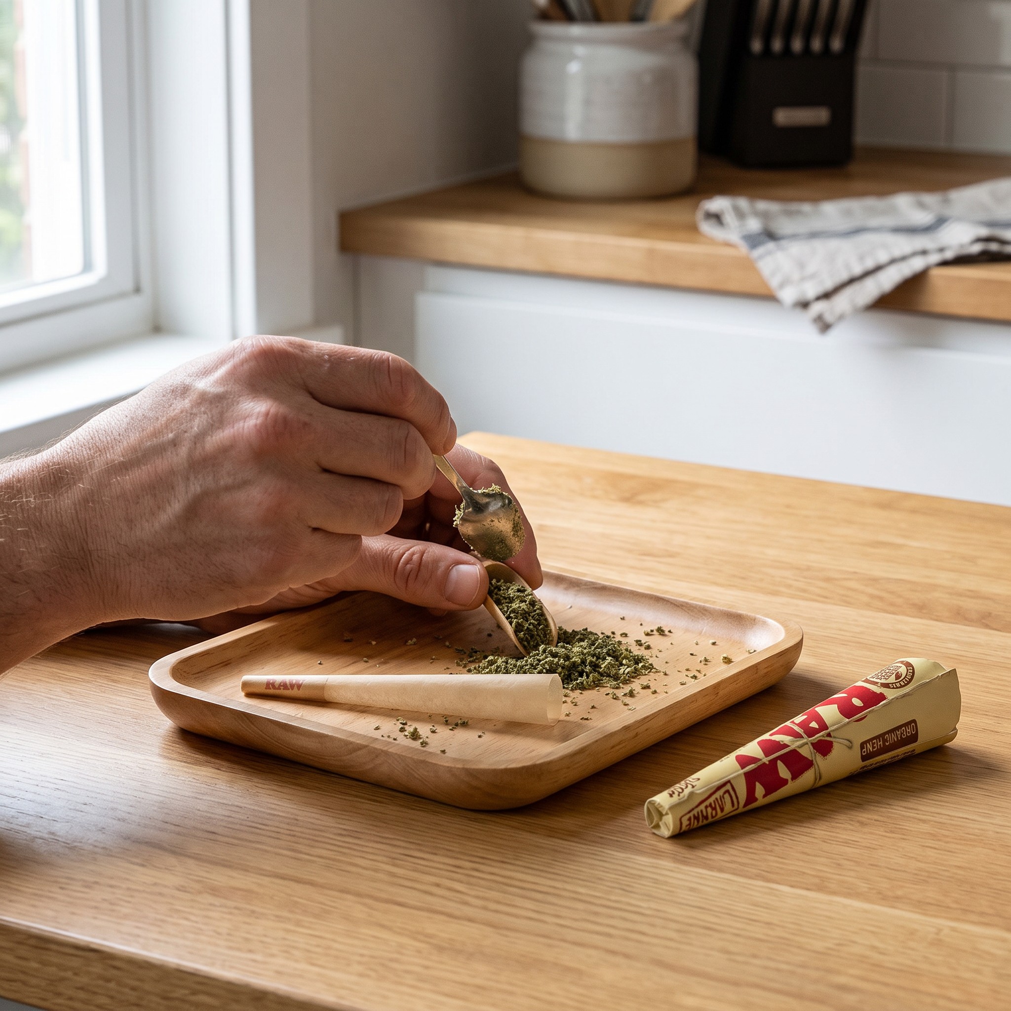 RAW Cones – Erwachsene Person füllt einen RAW Cone auf einem Rolling Tray in der Küche