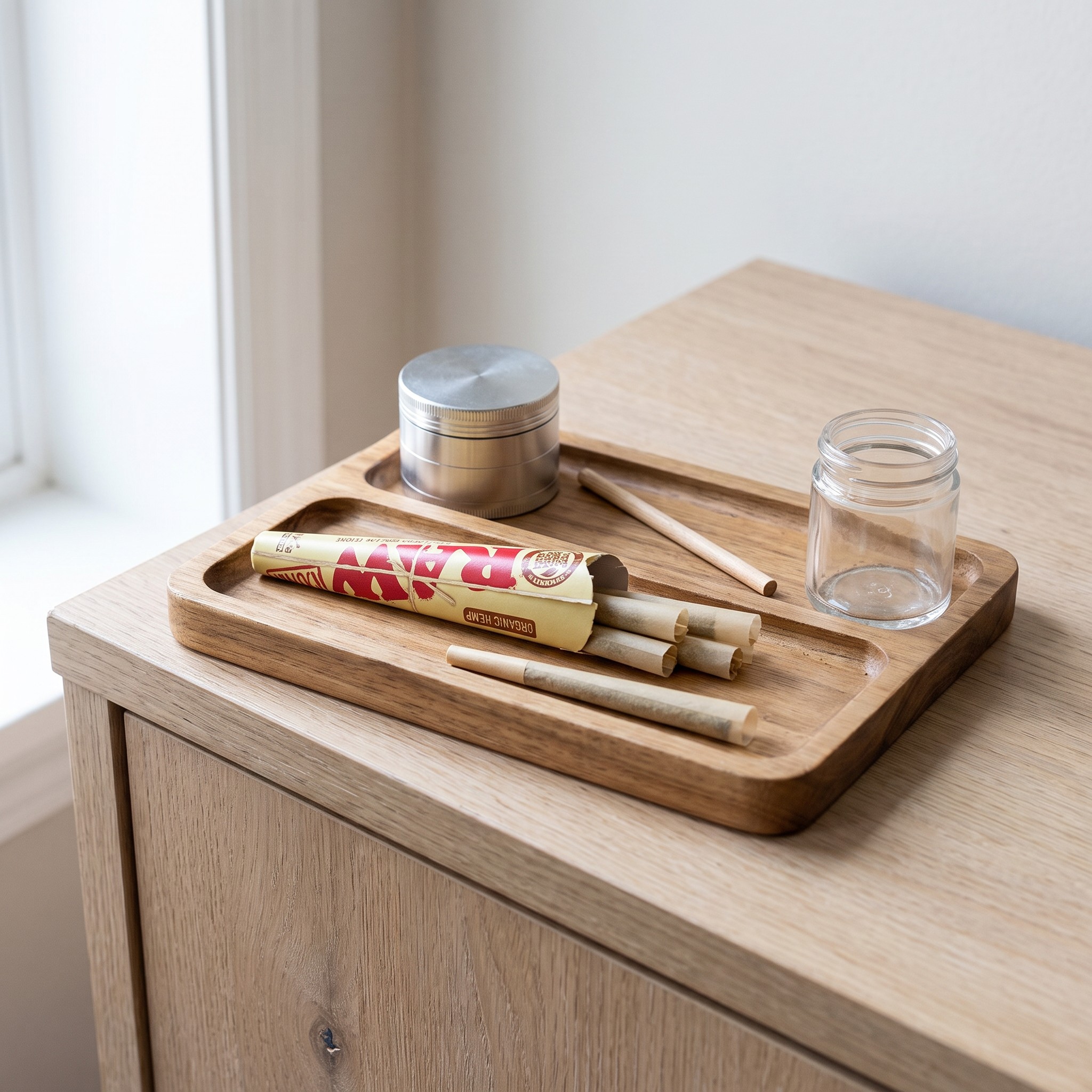 RAW Cones – RAW Cones auf einem Rolling Tray mit Grinder am hellen Fensterboard