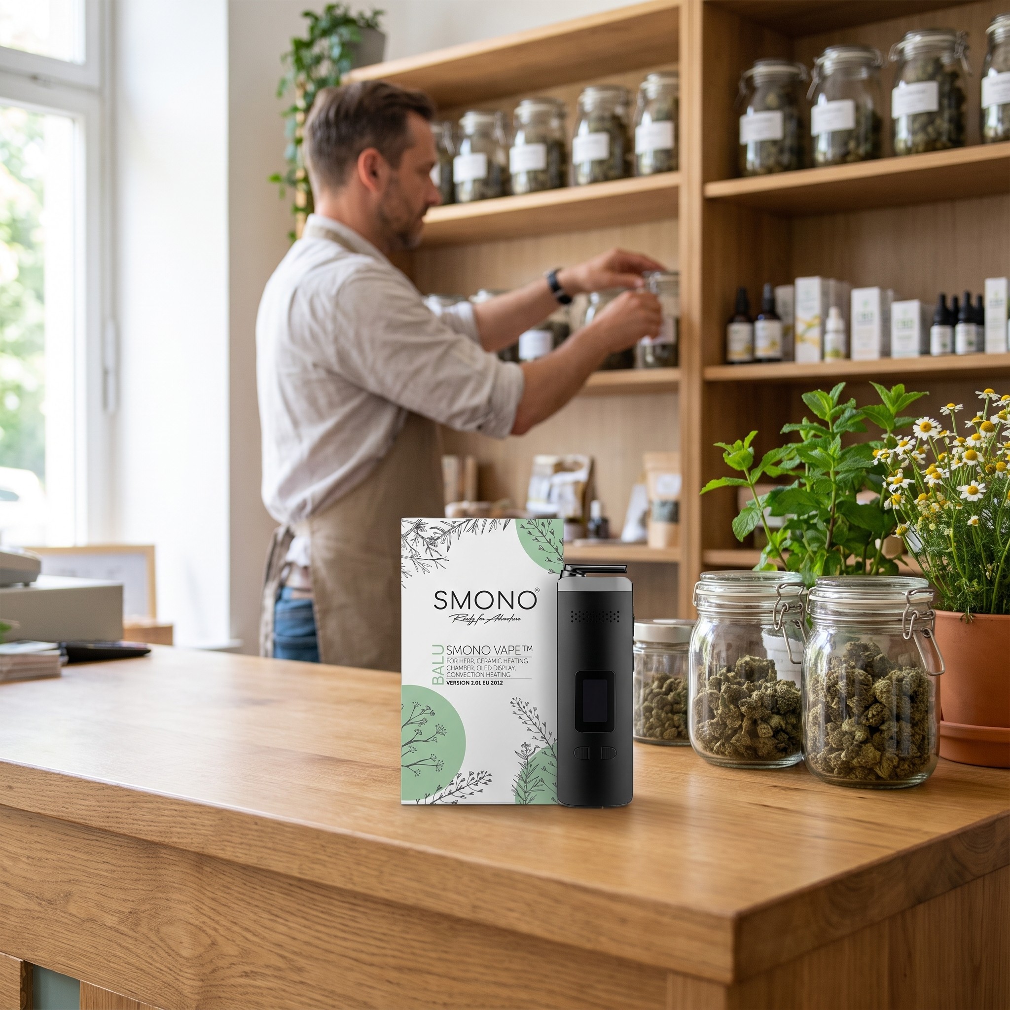 Smono Balu – Smono Balu Vaporizer mit Karton auf der Holztheke eines Hanf-Fachgeschäfts