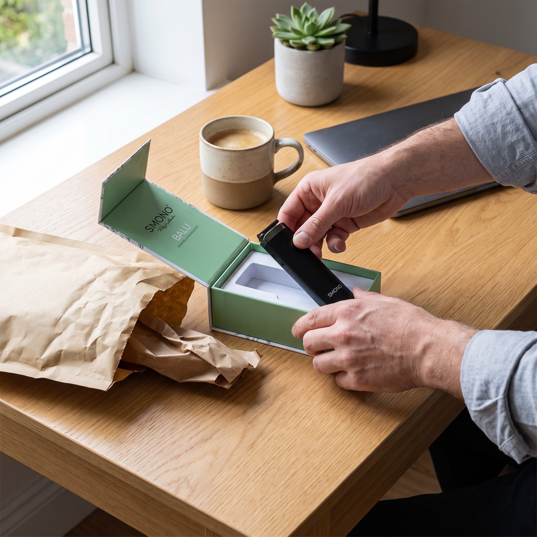 Smono Balu – Erwachsener packt den Smono Balu Vaporizer am Schreibtisch aus
