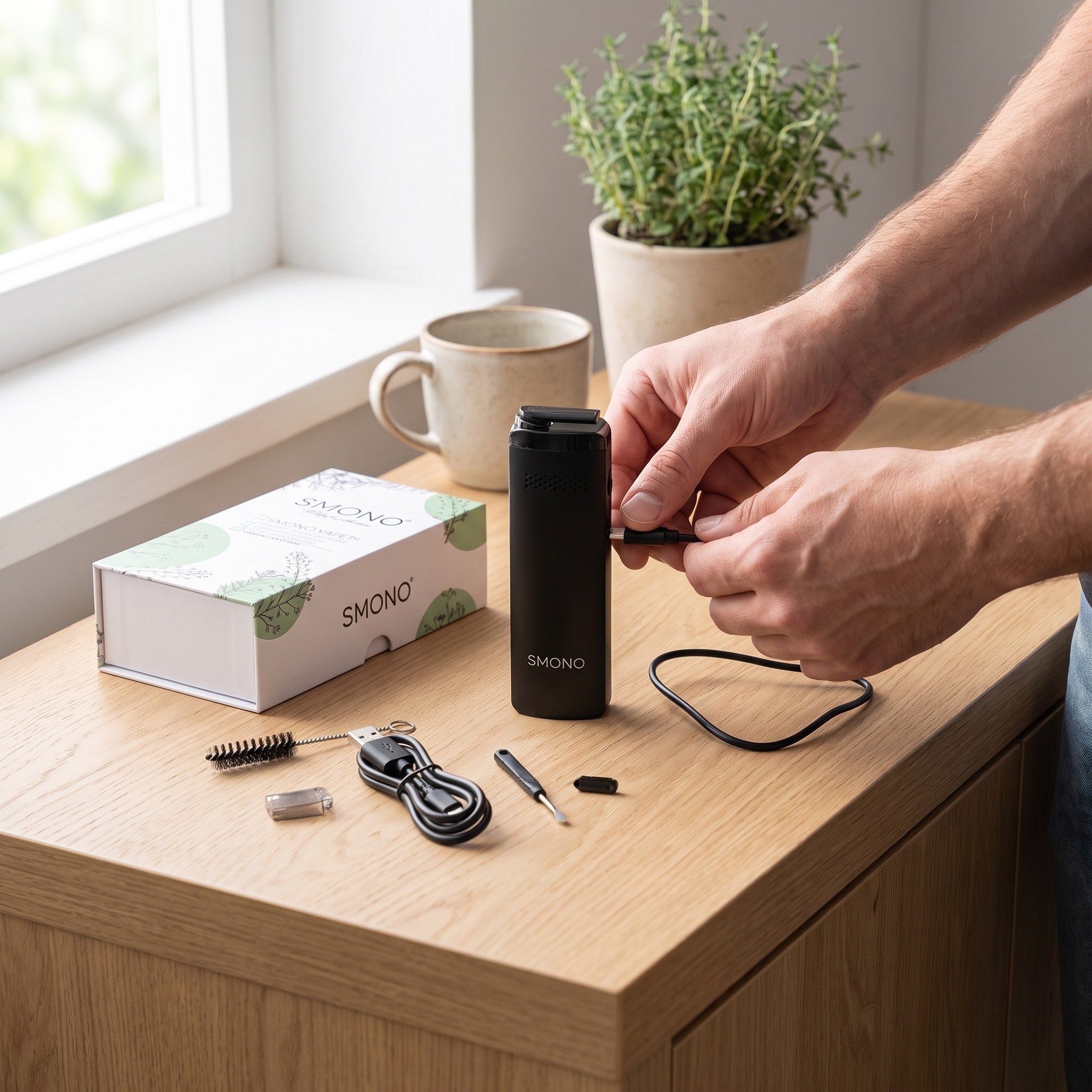 Smono Balu – Smono Balu Vaporizer mit USB-C-Kabel am Küchen-Sideboard