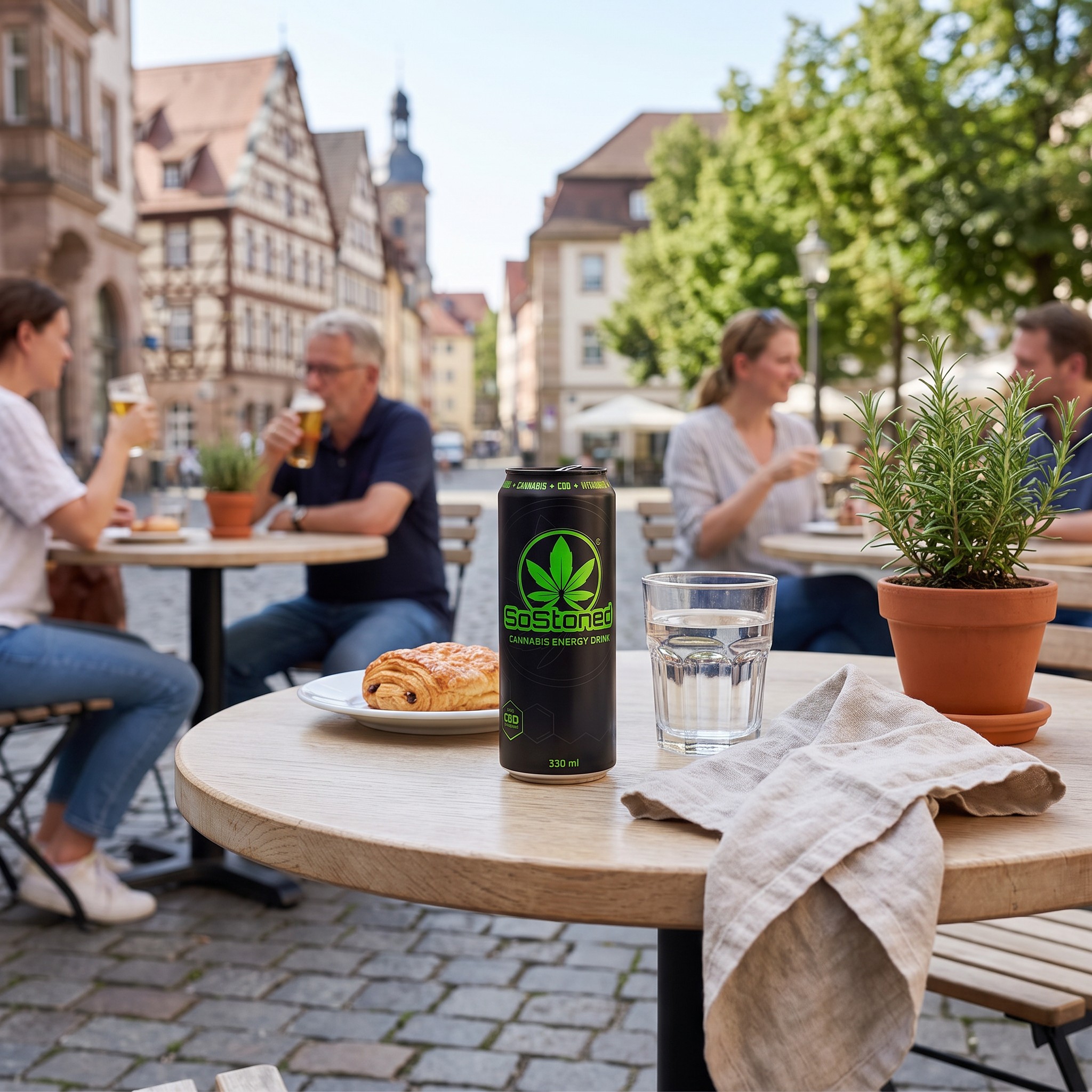SoStoned Energy Drink – SoStoned Energy Drink Dose auf einem Café-Terrassentisch