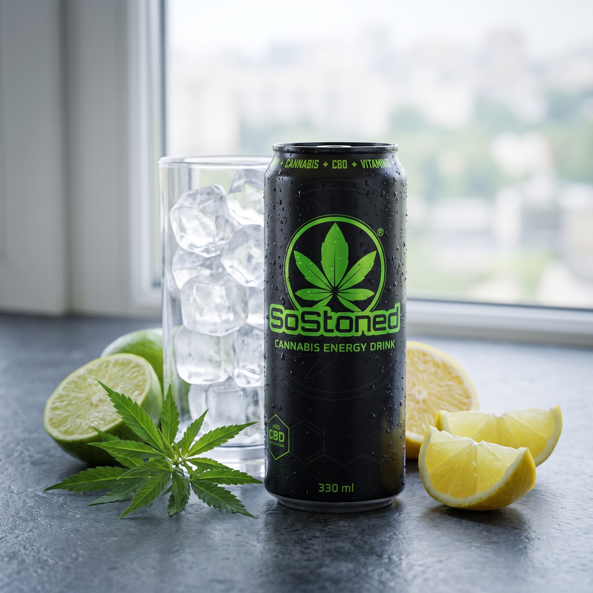 SoStoned Energy Drink – SoStoned Energy Drink Dose mit Glas, Eis und Zitrus als Stillleben