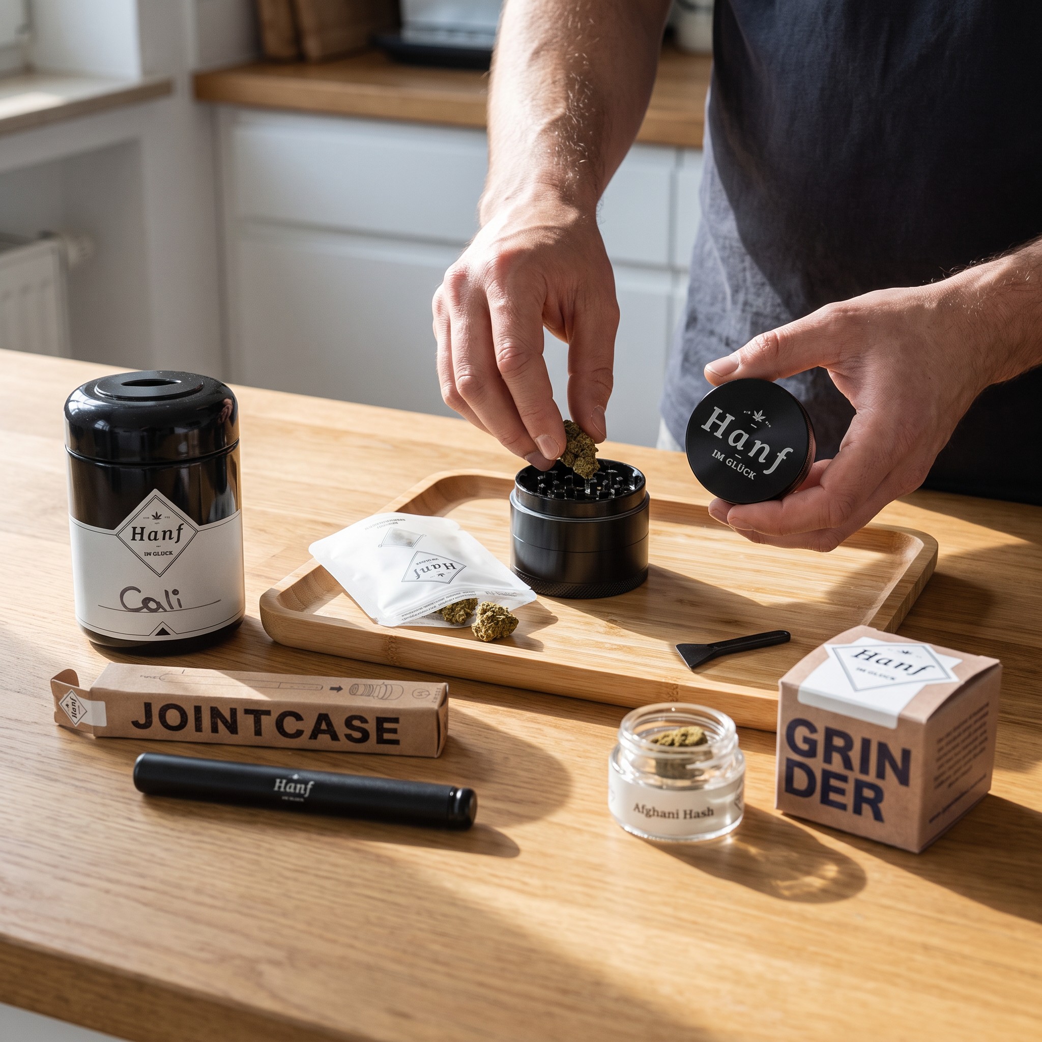 Starter Bundle – Erwachsener mahlt CBD-Blüten mit dem Grinder aus dem Starter Bundle