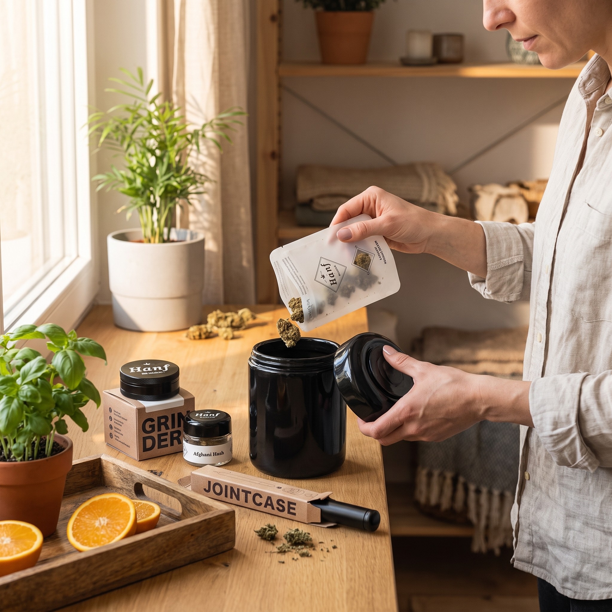 Starter Bundle – CBD-Blüten werden in das Cali-Glas aus dem Starter Bundle gefüllt