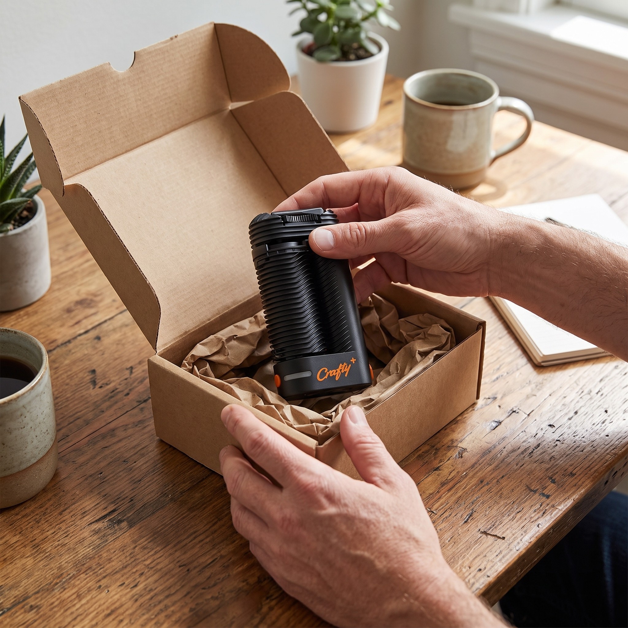 Storz & Bickel Crafty+ – Erwachsener packt den Crafty+ Verdampfer am Schreibtisch aus