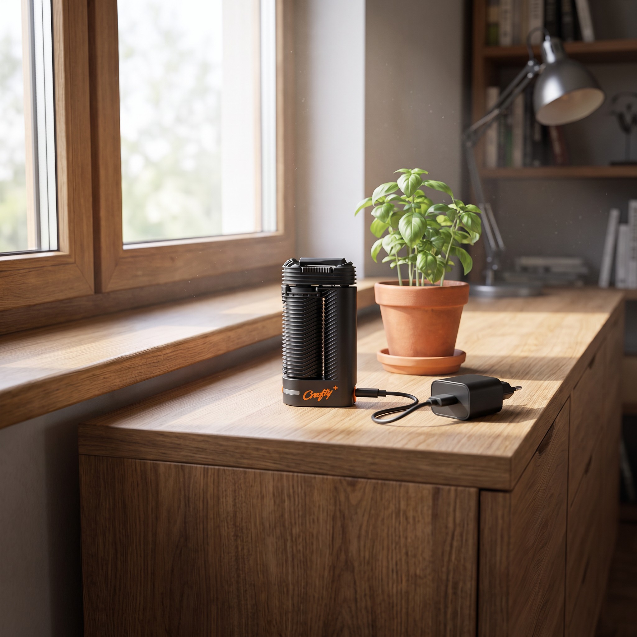 Storz & Bickel Crafty+ – Crafty+ Verdampfer mit USB-C-Kabel auf einem Sideboard am Fenster