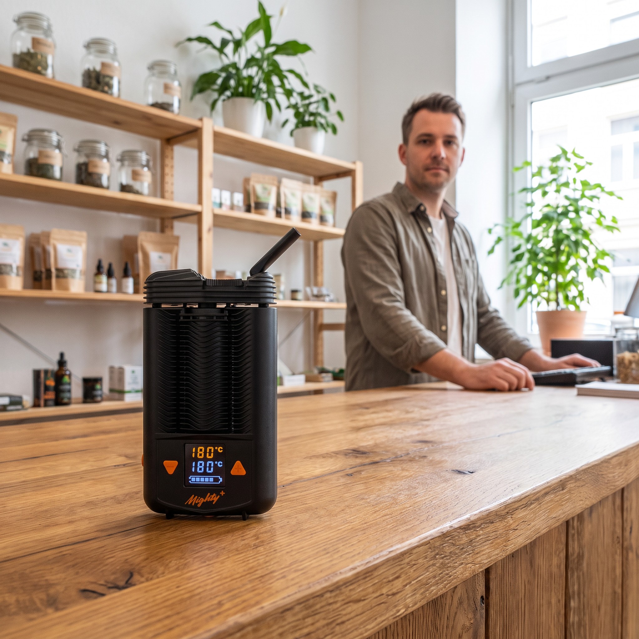 Storz & Bickel Mighty+ – Mighty Plus Vaporizer steht auf der Holztheke eines Hanf-Fachgeschäfts
