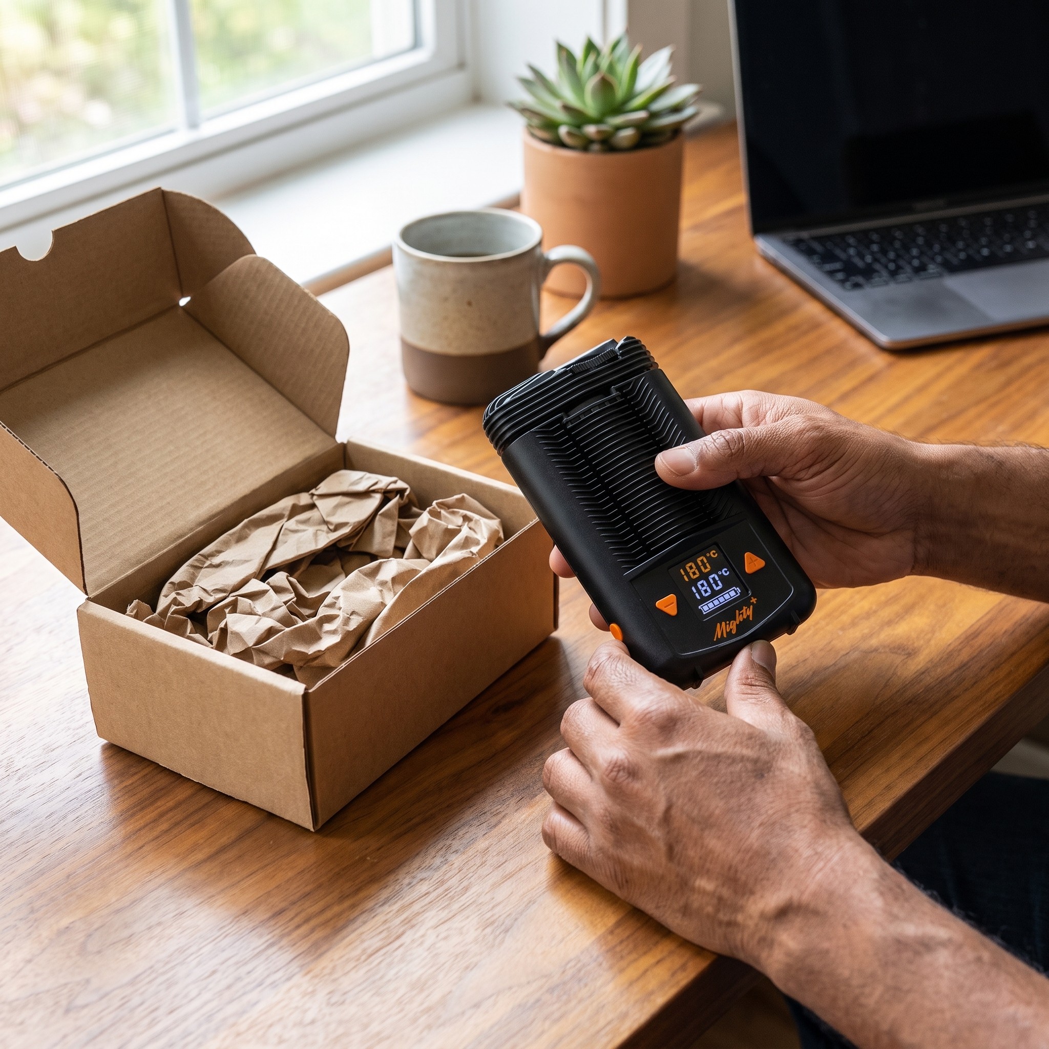 Storz & Bickel Mighty+ – Erwachsener stellt den Mighty Plus Vaporizer nach dem Auspacken auf den Schreibtisch