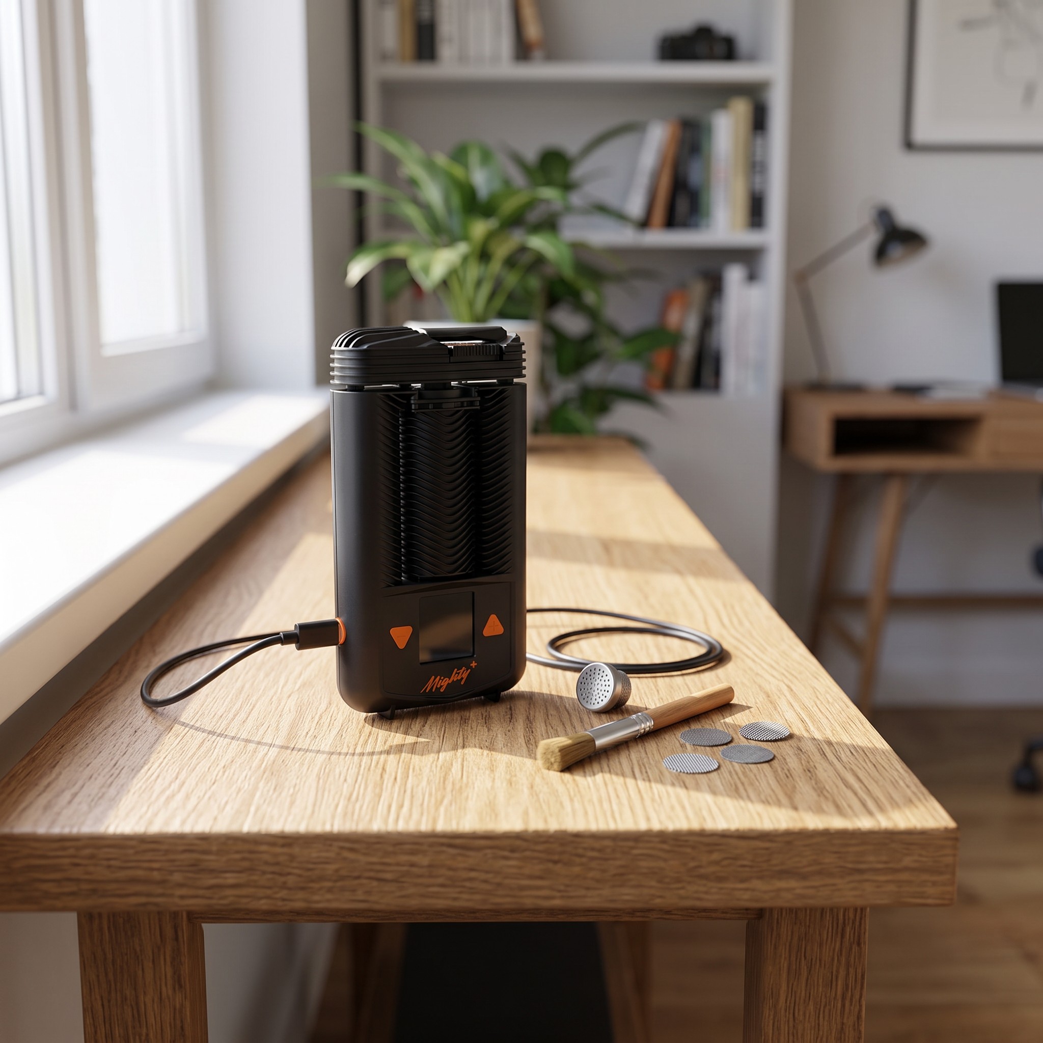 Storz & Bickel Mighty+ – Mighty Plus Vaporizer mit USB-C-Kabel und Zubehör auf einer Konsole