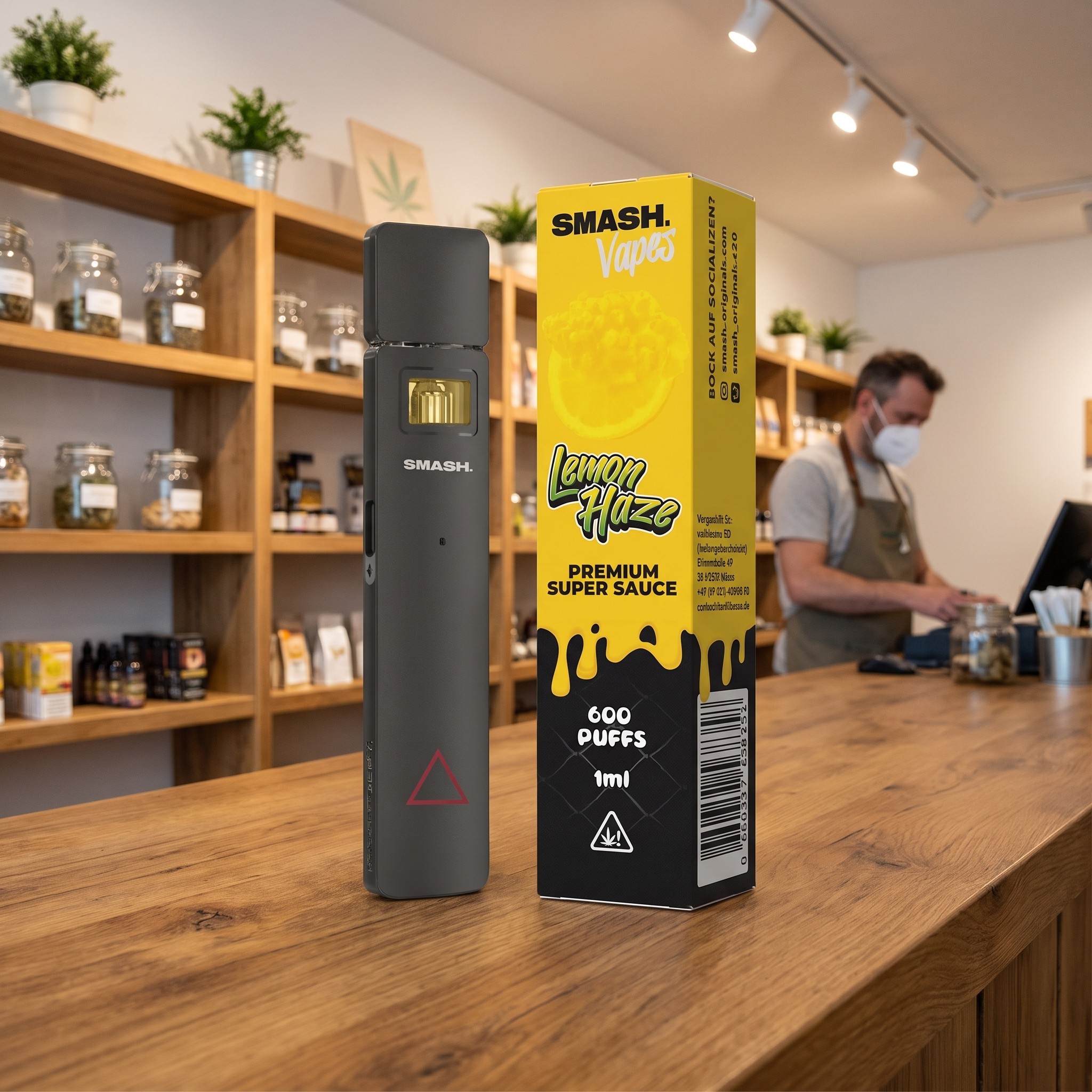 Smash Super Sauce Vape – Smash Super Sauce Vape und Karton auf der Holzteke eines Hanf-Fachgeschäfts