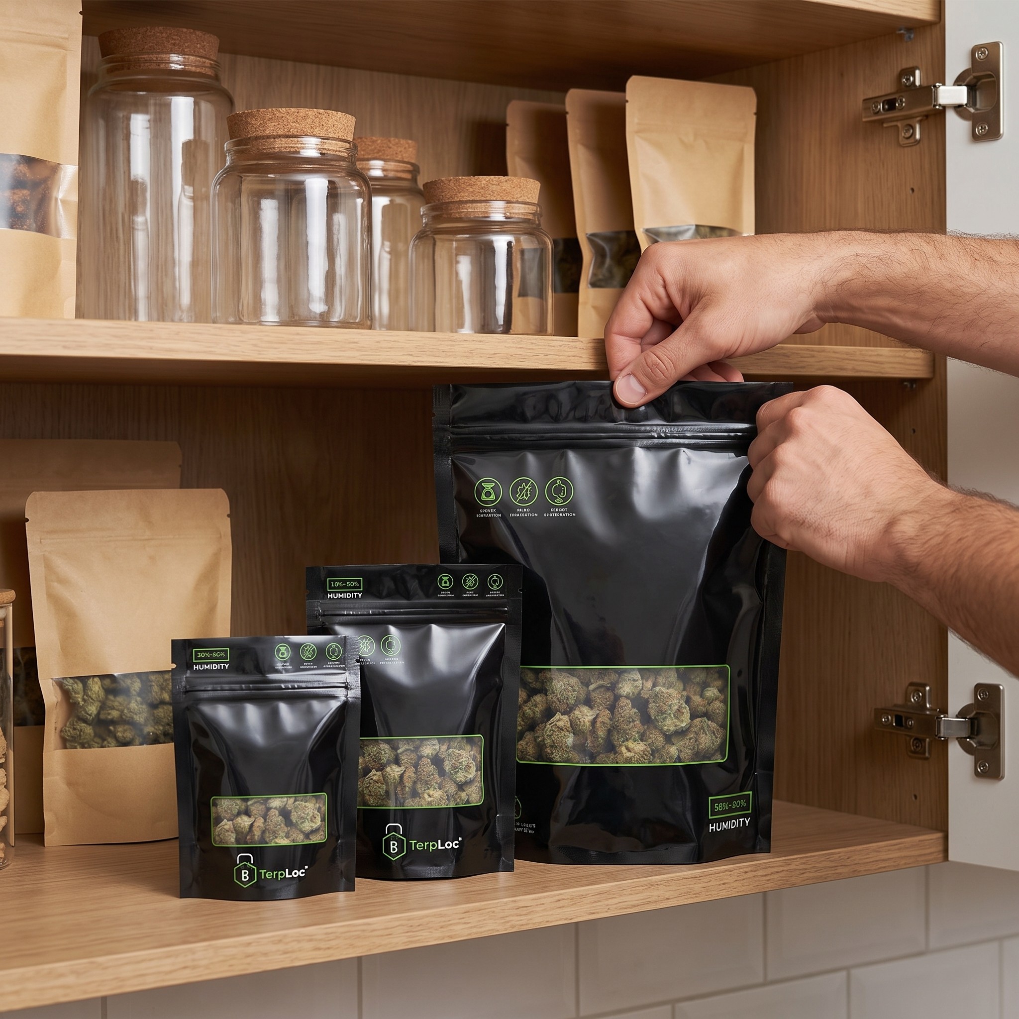 TerpLoc Bags von Grove Bags – TerpLoc Beutel werden im Holzschrank verschlossen