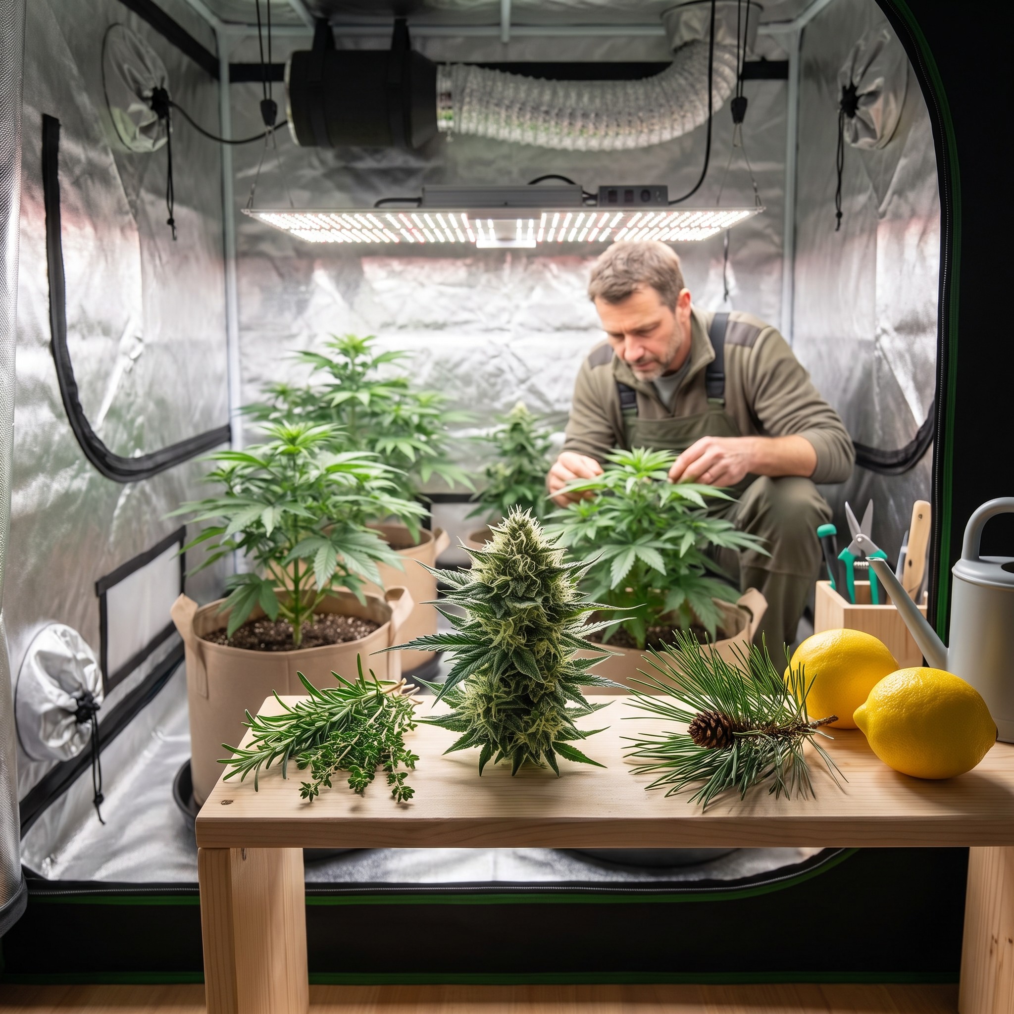 V-Tonic CBD Samen – V-Tonic CBD Samen im aufgeräumten Homegrow-Zelt neben Kräutern, Kiefer und Zitronen