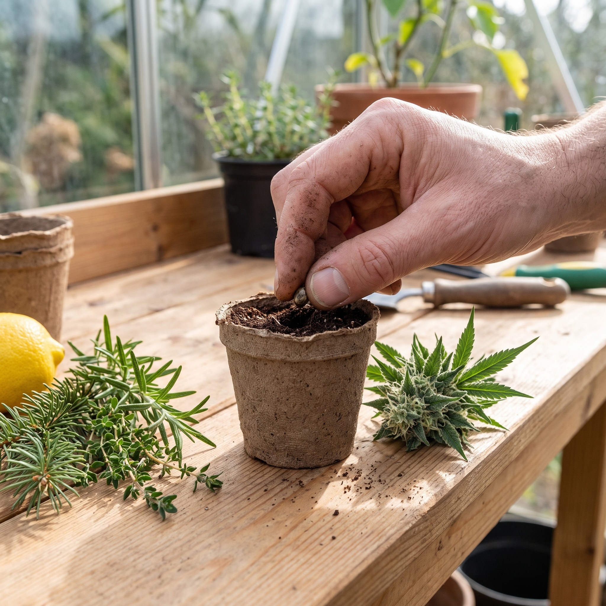 V-Tonic CBD Samen – Erwachsene Person setzt V-Tonic CBD Samen am Pflanztisch in einen Anzuchttopf