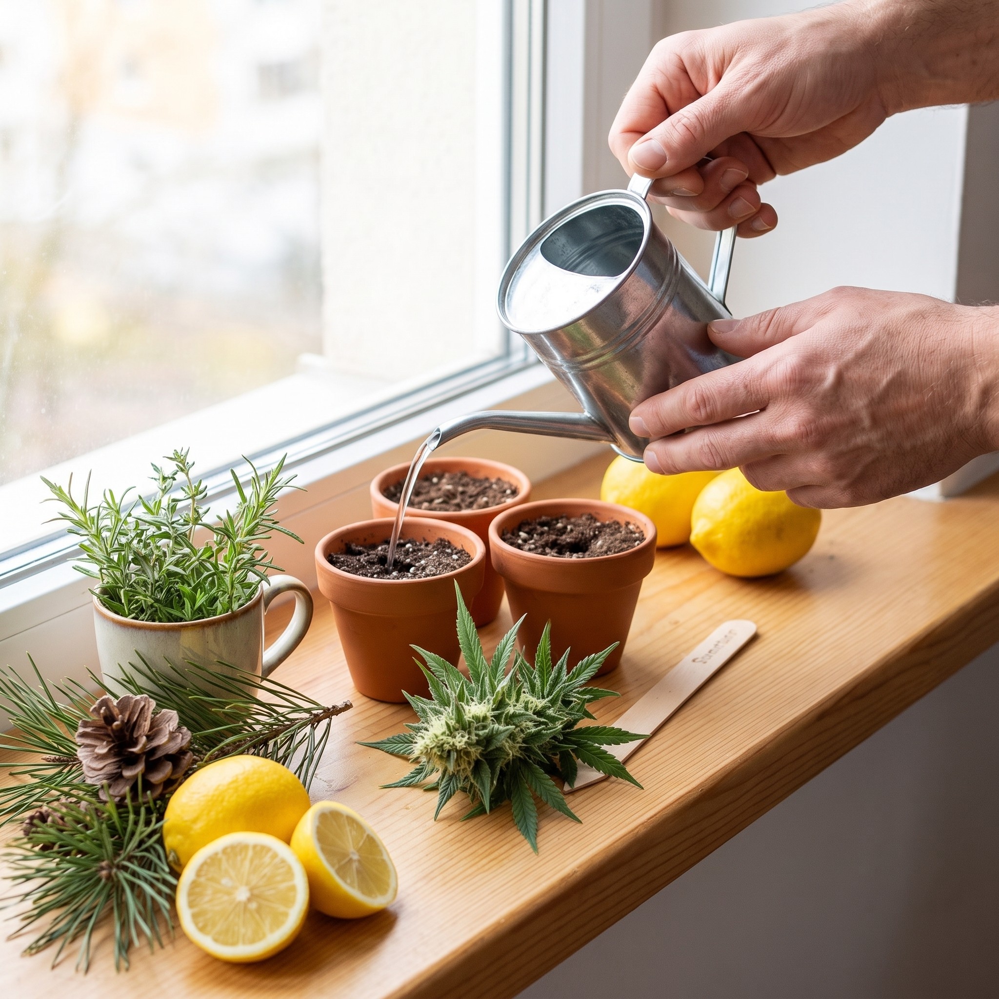 V-Tonic CBD Samen – V-Tonic CBD Samen auf der Fensterbank neben Anzuchttöpfen, Zitronen, Kiefer und Kräutern