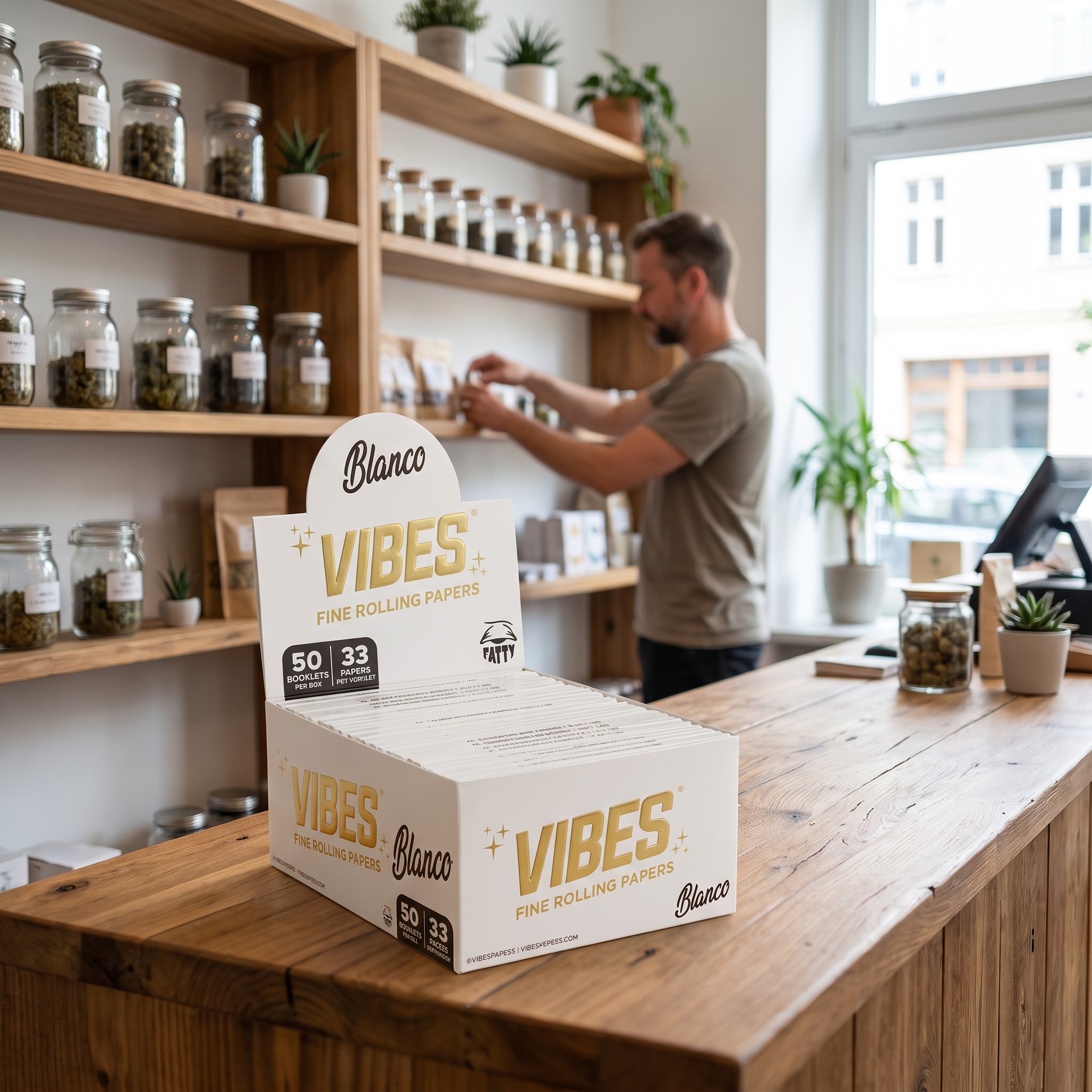 Vibes Fatty – VIBES Fatty Papers-Display steht auf der Holzteke eines Hanf-Fachgeschäfts