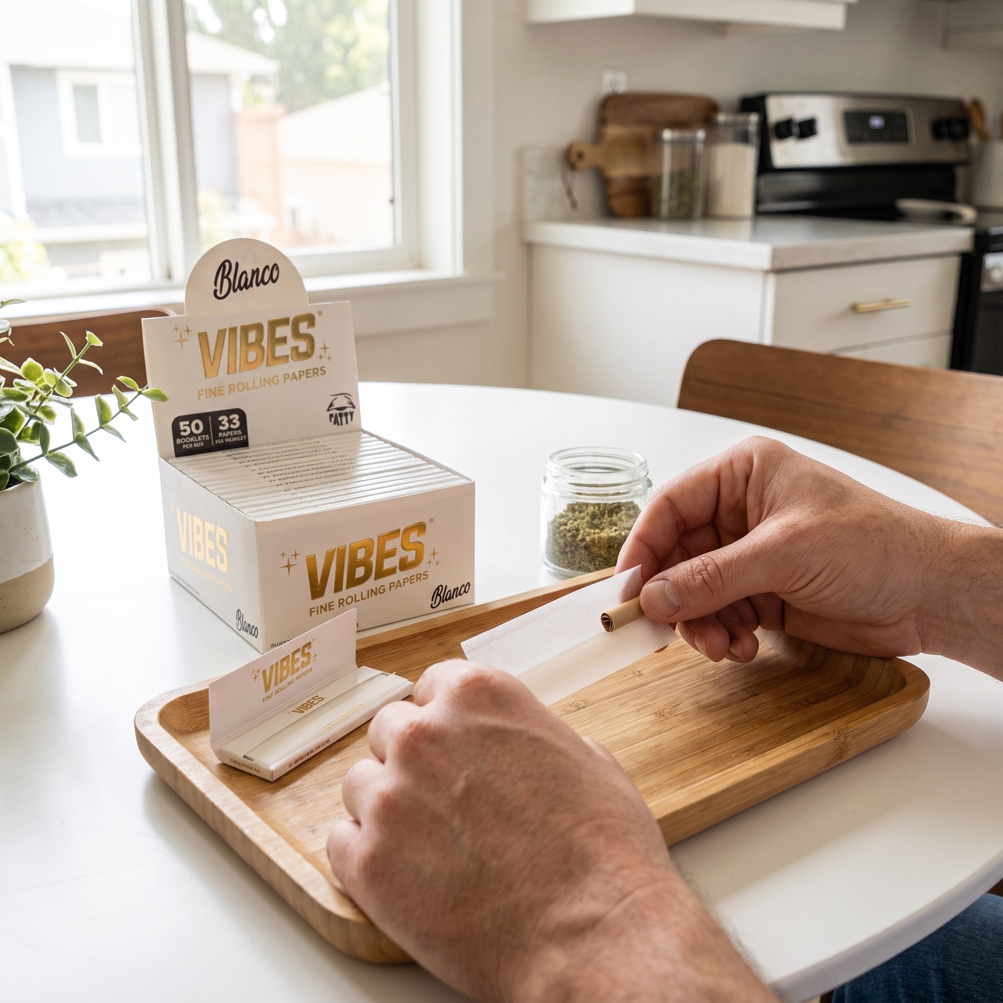 Vibes Fatty – VIBES Fatty Papers auf dem Küchentisch, Paper und Tip werden auf dem Tray vorbereitet