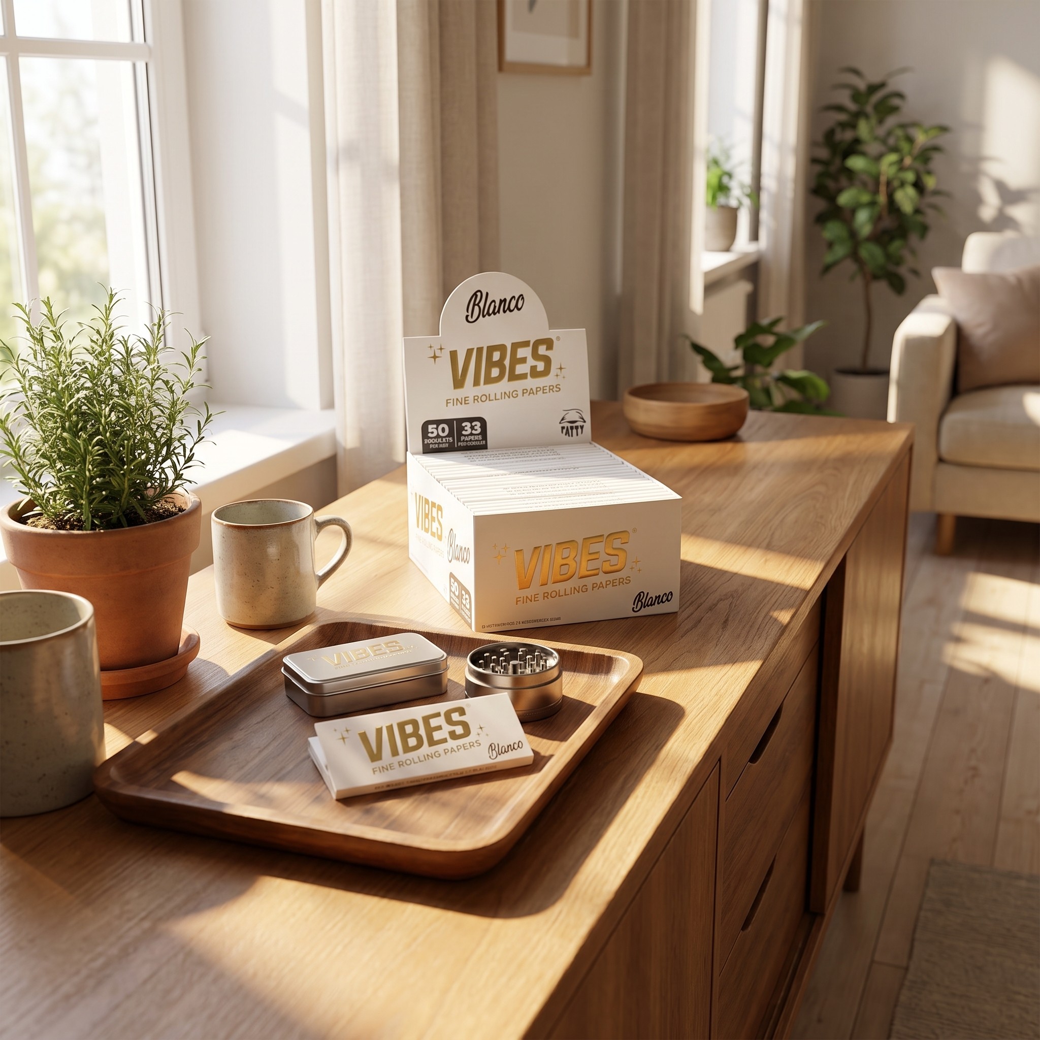 Vibes Fatty – VIBES Fatty Papers-Display am Fensterboard mit Rolling Tray, Dose und Heft