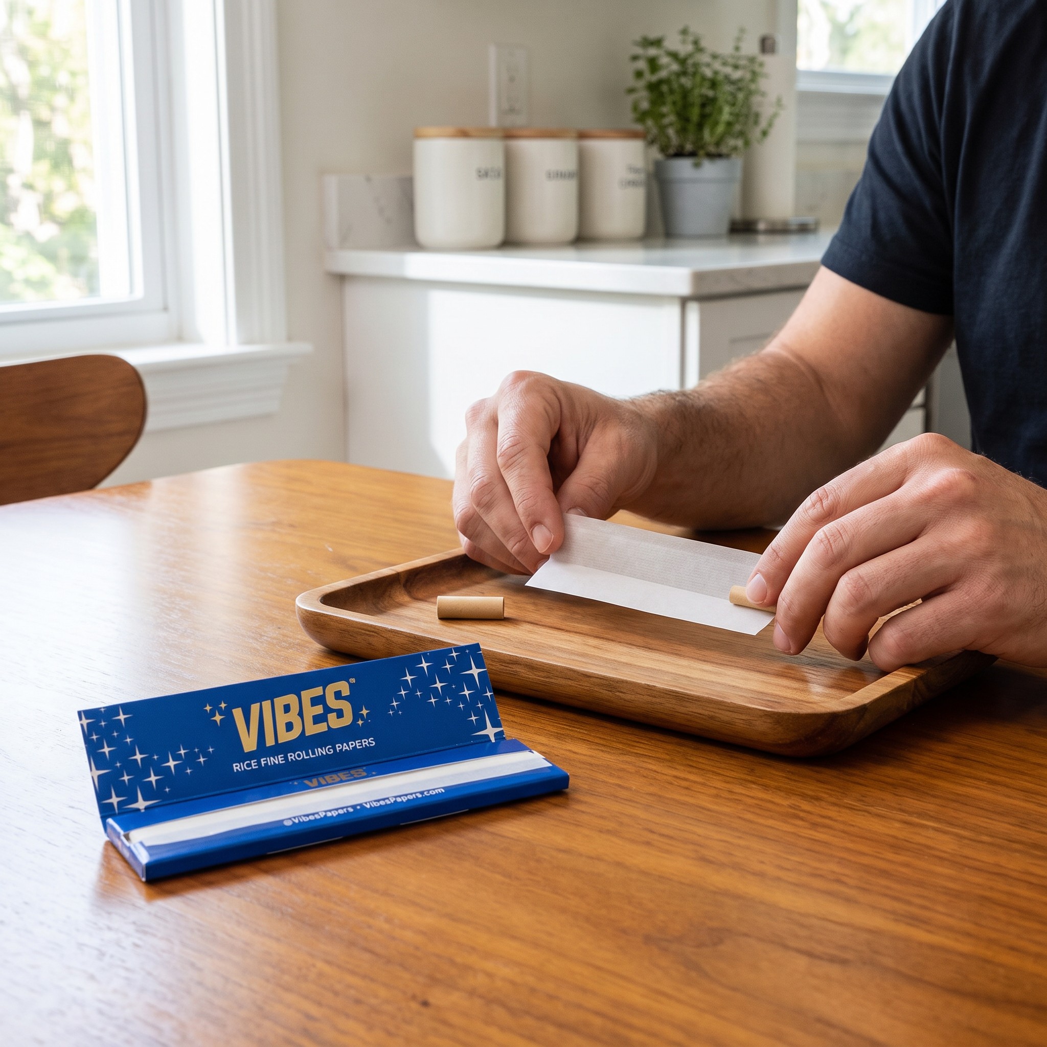 VIBES Papers King Size Slim Rice – Erwachsene Person legt ein Reispapier mit Filter auf ein Drehtablett in der Küche