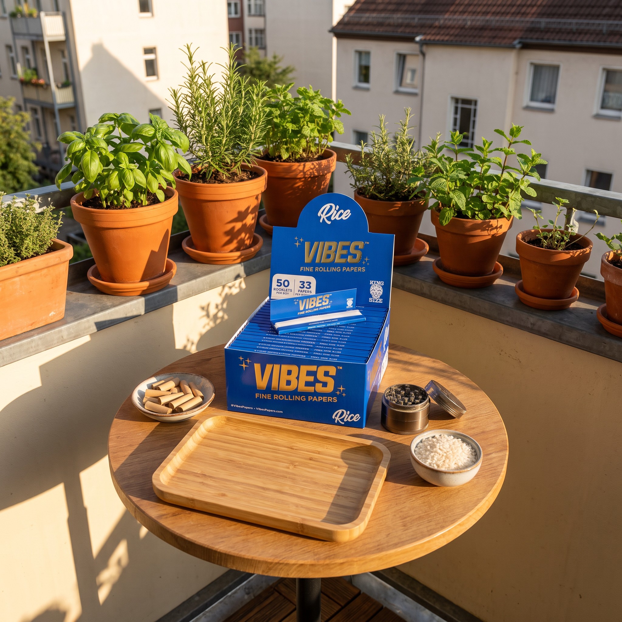 VIBES Papers King Size Slim Rice – Papers-Heft mit Drehtablett und Filtern auf einem sonnigen Balkontisch