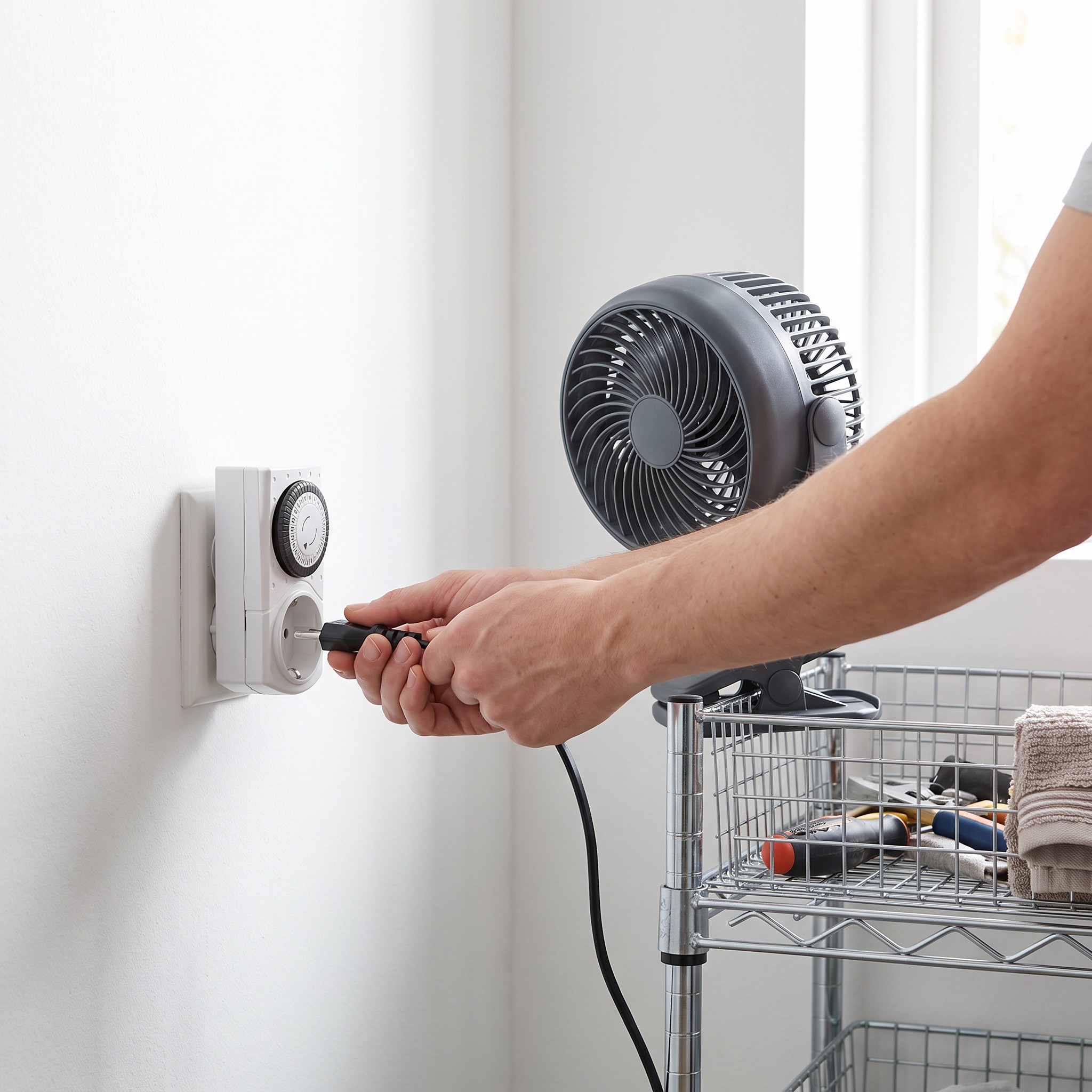 Zeitschaltuhr – Zeitschaltuhr in der Steckdose wird mit einem Ventilator verbunden