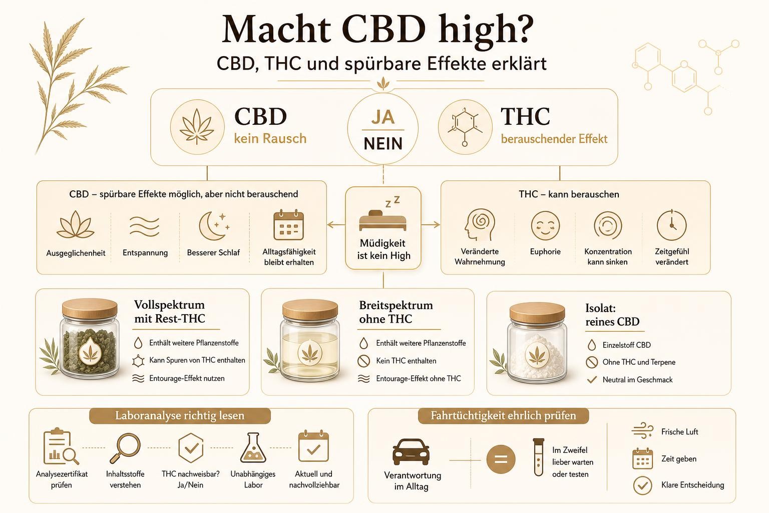 Infografik: Macht CBD high? CBD, THC und spürbare Effekte erklärt