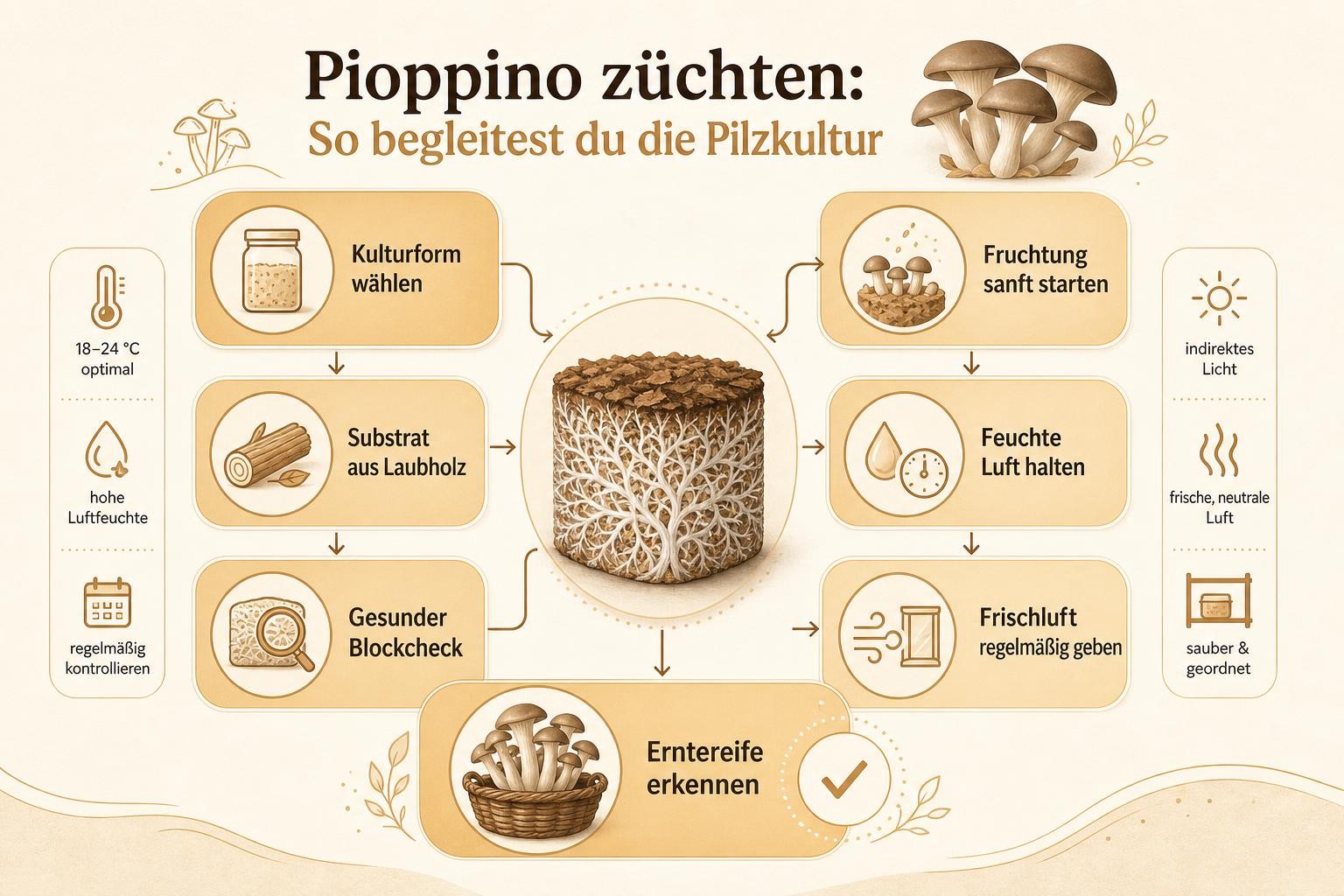 Infografik: Pioppino züchten: So begleitest du die Pilzkultur