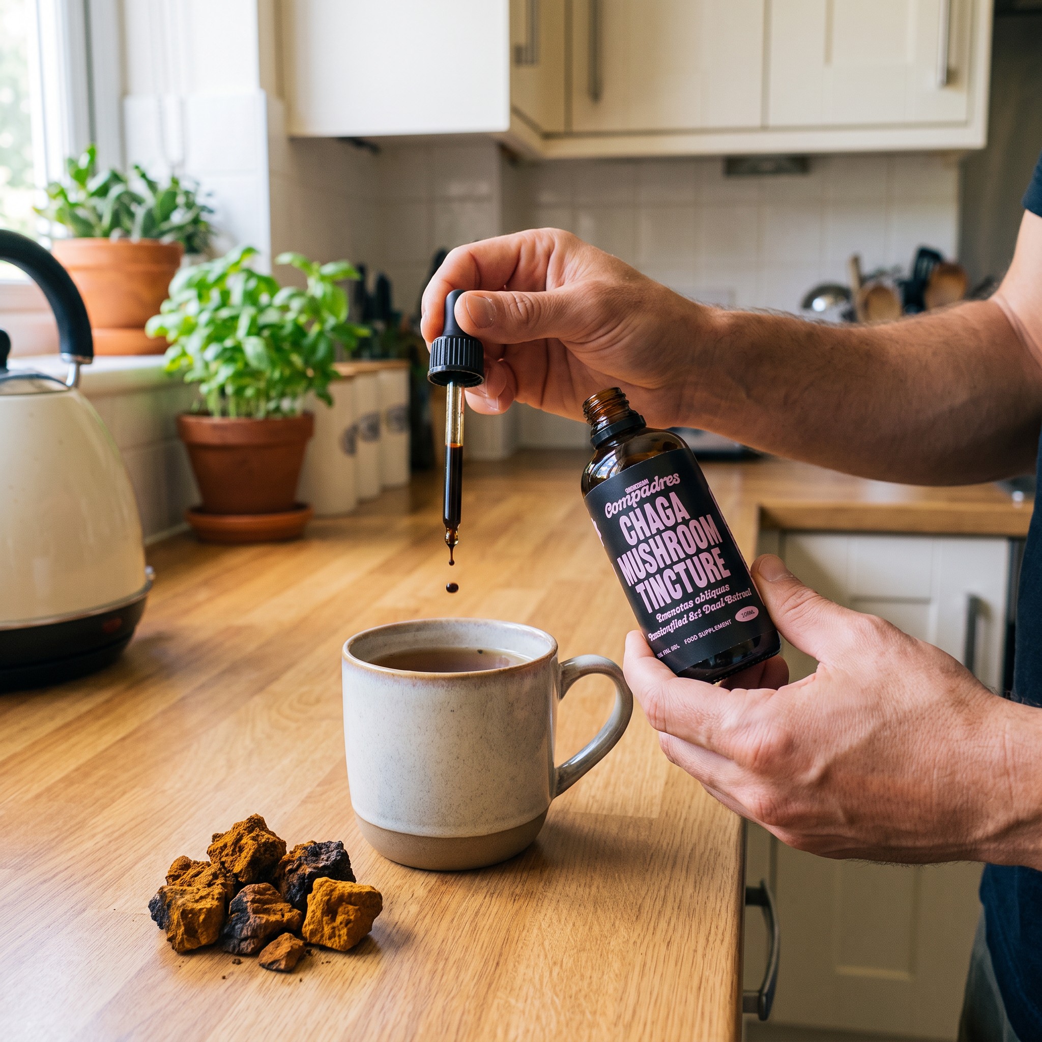 Mushroom Compadres Chaga Tinktur – Erwachsener tropft Chaga-Tinktur in eine Tasse Tee in der Küche