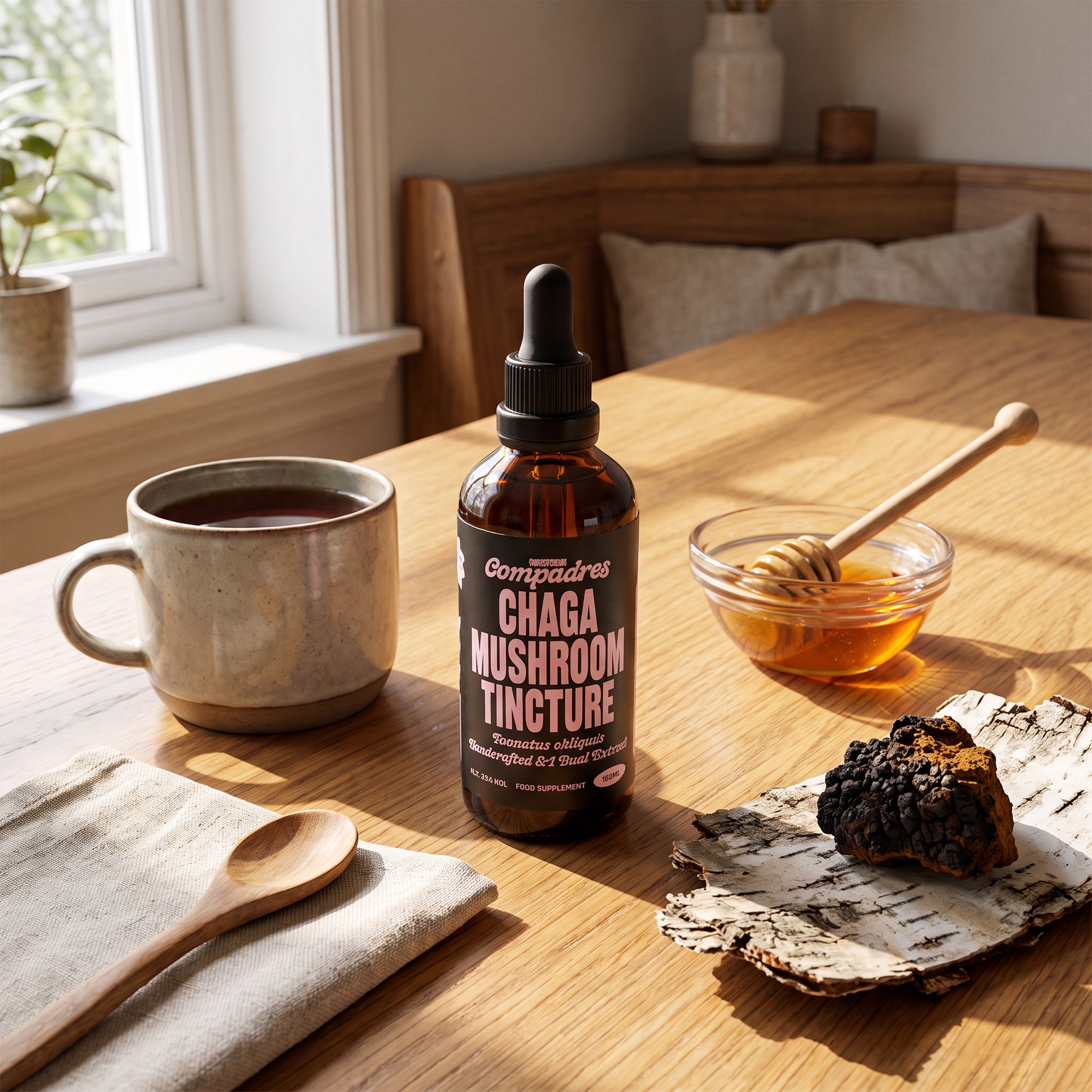 Mushroom Compadres Chaga Tinktur – Chaga-Tinktur mit Tee, Holzlöffel und Birkenrinde auf dem Frühstückstisch