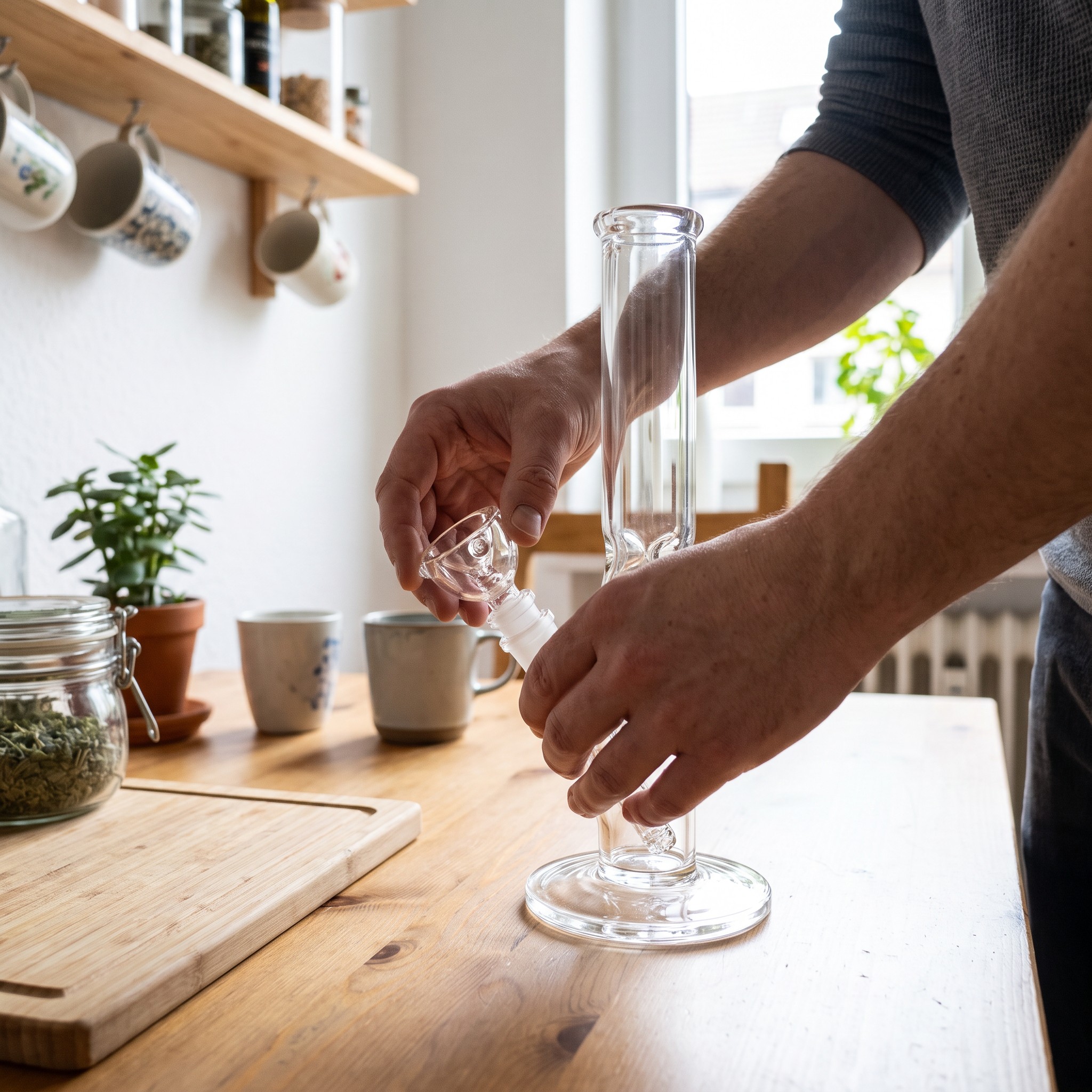 Bongkopf 3-Stern – Erwachsener setzt den Glaskopf in eine Bong auf dem Küchentisch ein