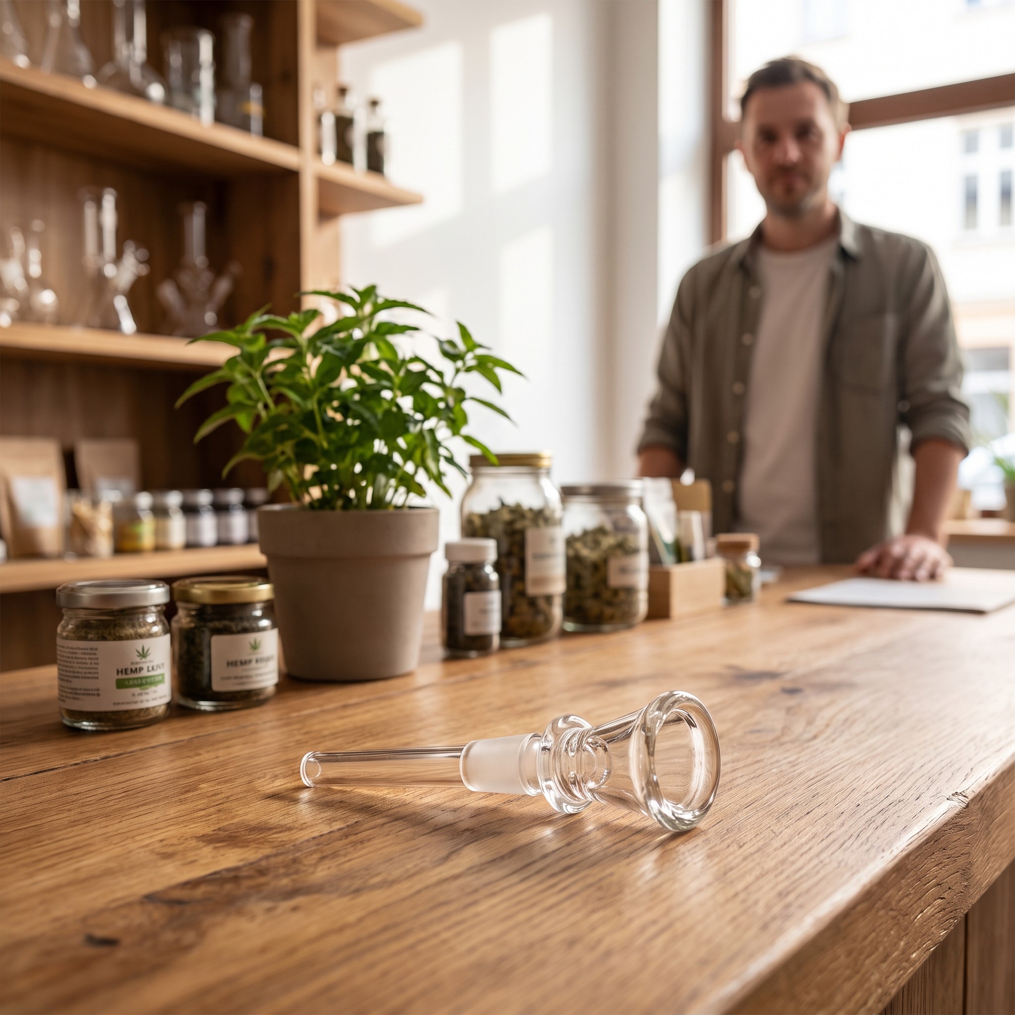 Chillum Bong – Glas-Chillum liegt auf dem Holztresen eines Hanffachgeschäfts