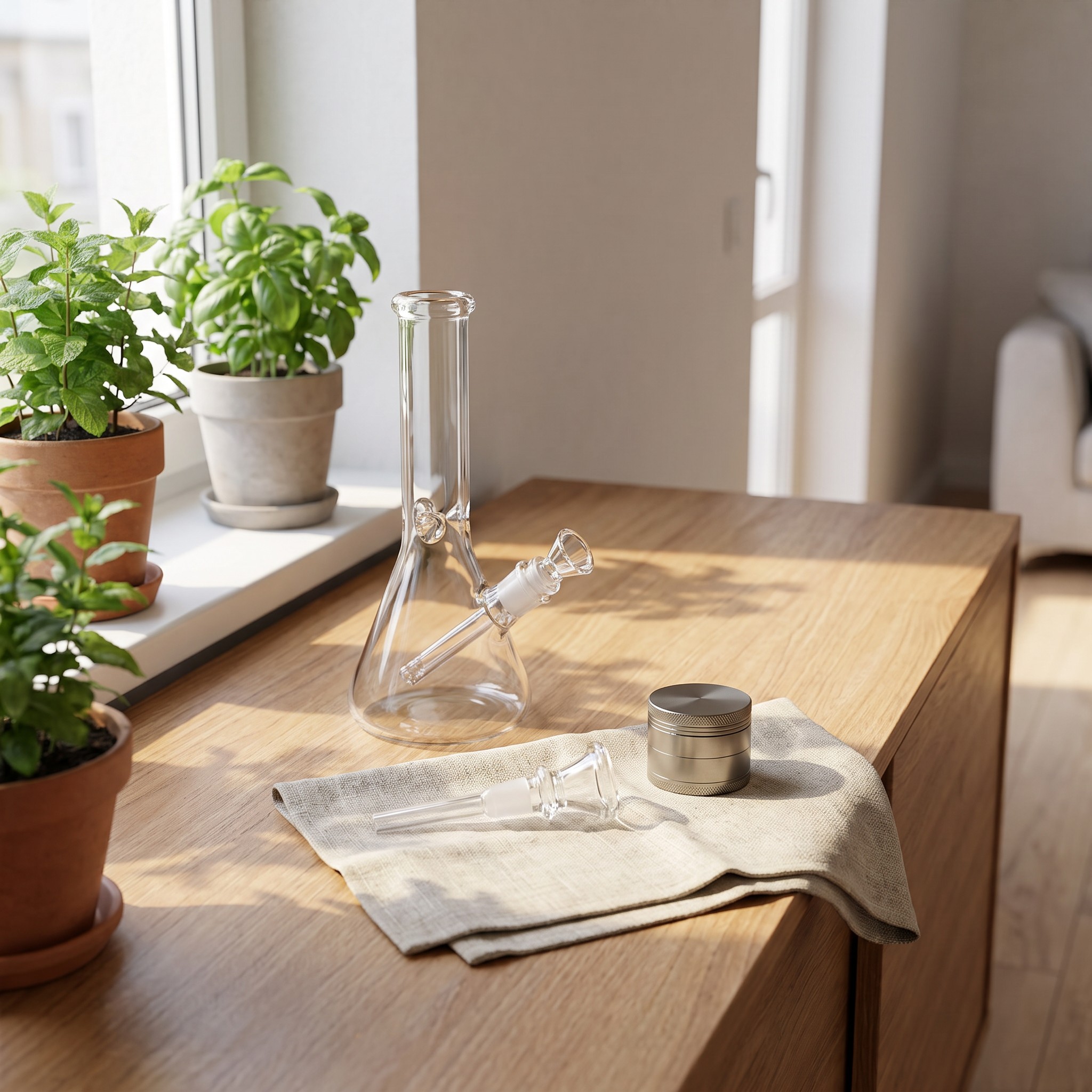 Chillum Bong – Glas-Chillum neben Bong und Grinder auf einem Fenster-Sideboard