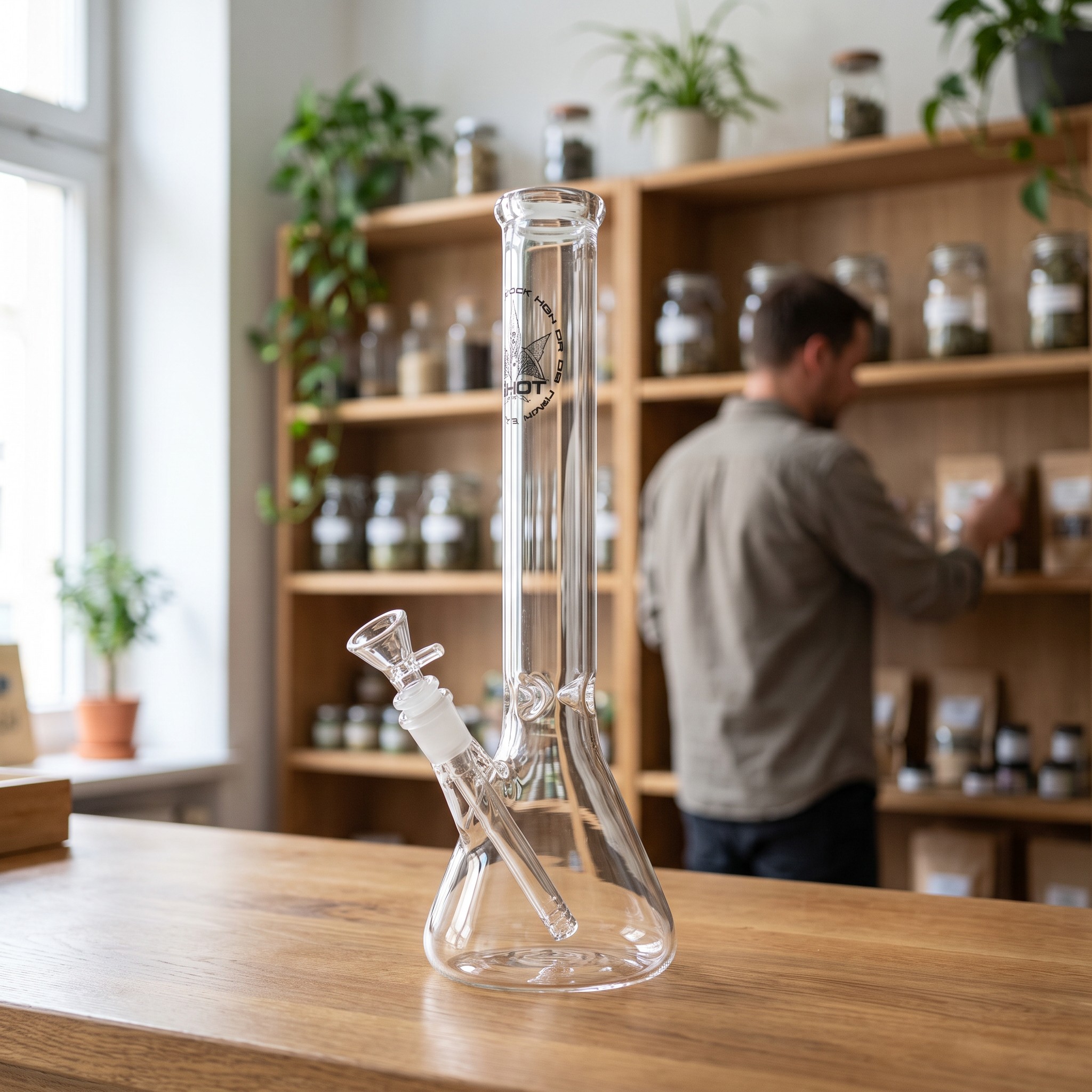 GHODT Bong GH6 Erlenmeyerkolben 35 cm – Klarglas-Bong steht auf der Holztresen eines Hanf-Fachgeschäfts