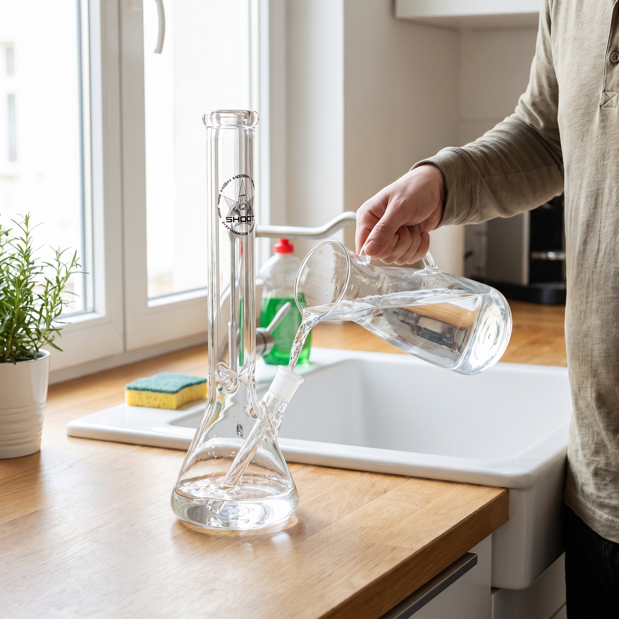 GHODT Bong GH6 Erlenmeyerkolben 35 cm – Erwachsener füllt Wasser in die Klarglas-Bong an der Küchentheke