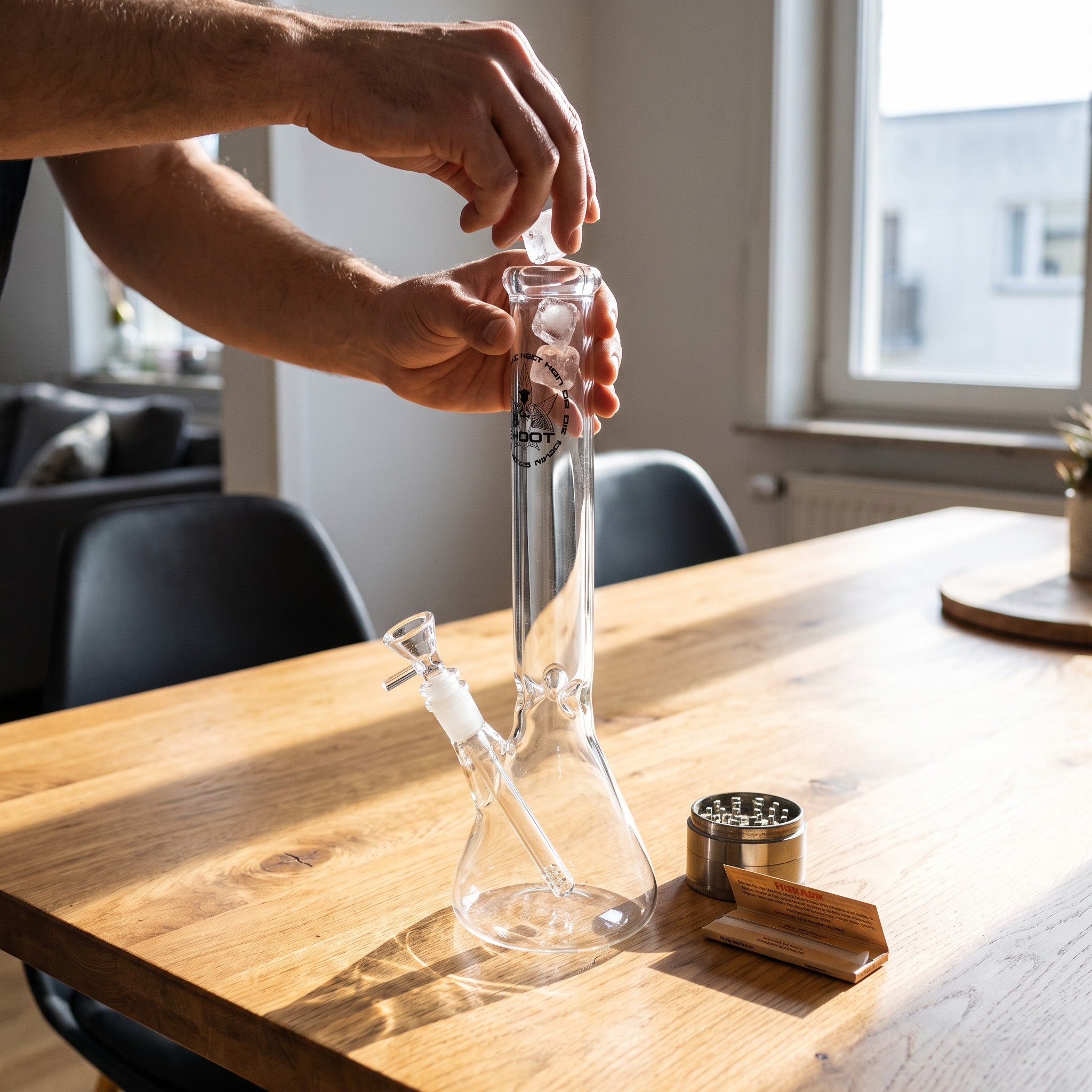 GHODT Bong GH6 Erlenmeyerkolben 35 cm – Eiswürfel werden in die Klarglas-Bong auf dem Esstisch gelegt