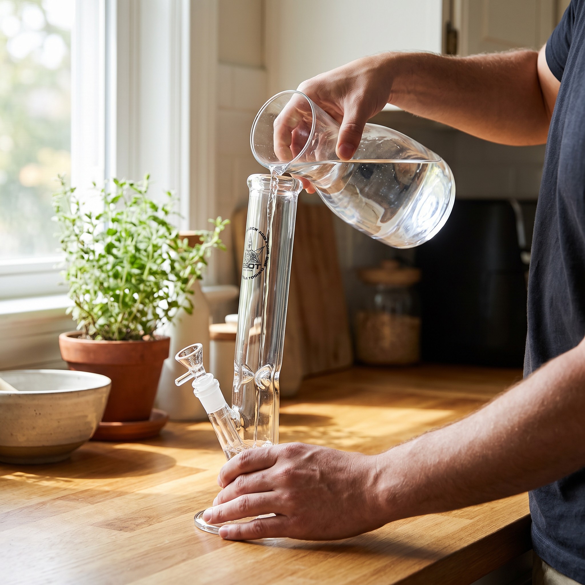 GHODT Bong GH7 Buckled 40 cm – Erwachsener füllt Wasser in die Glasbong auf der Küchentheke