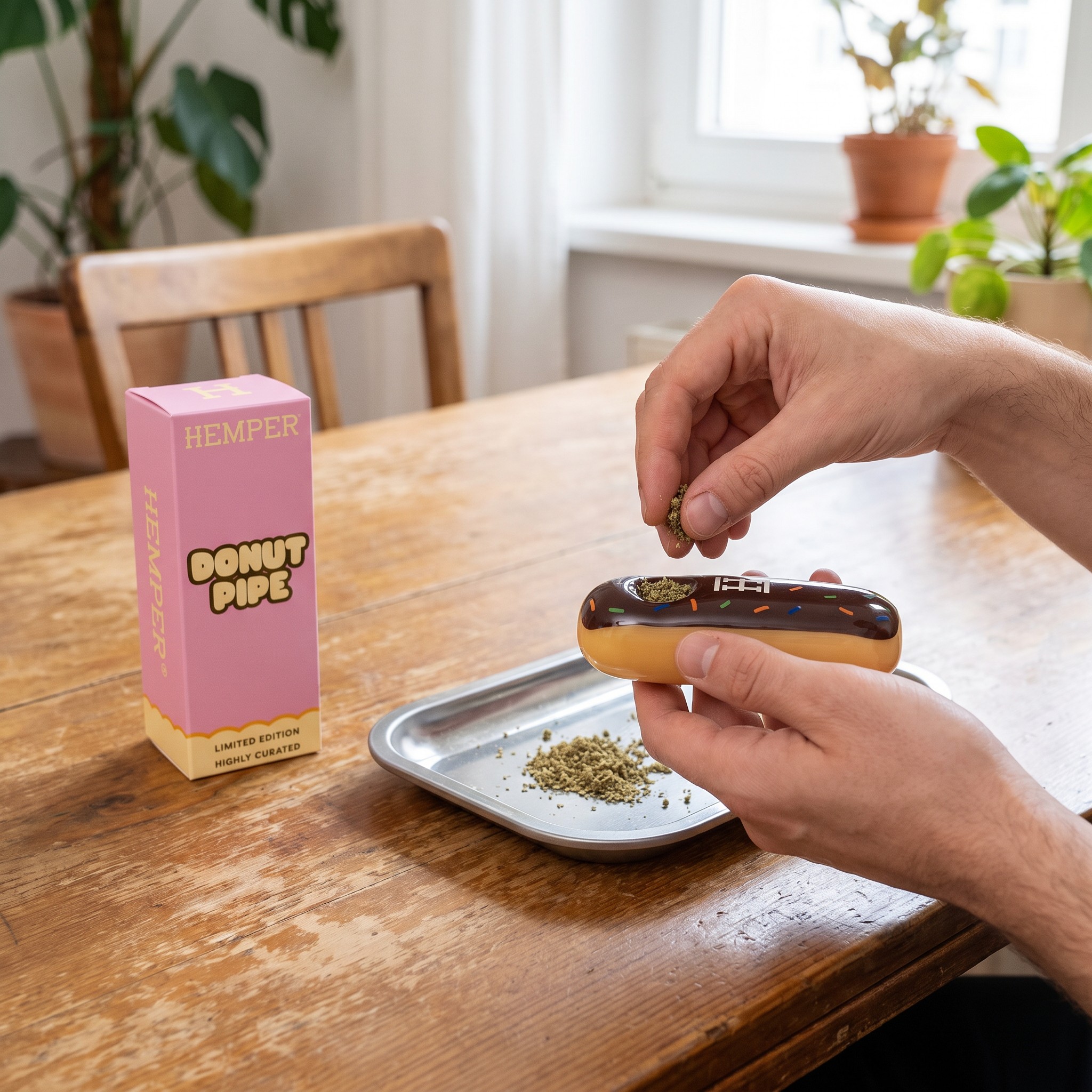Hemper Donut Handpfeife – Erwachsener befüllt die Hemper Donut Handpfeife auf einem Rolling Tray